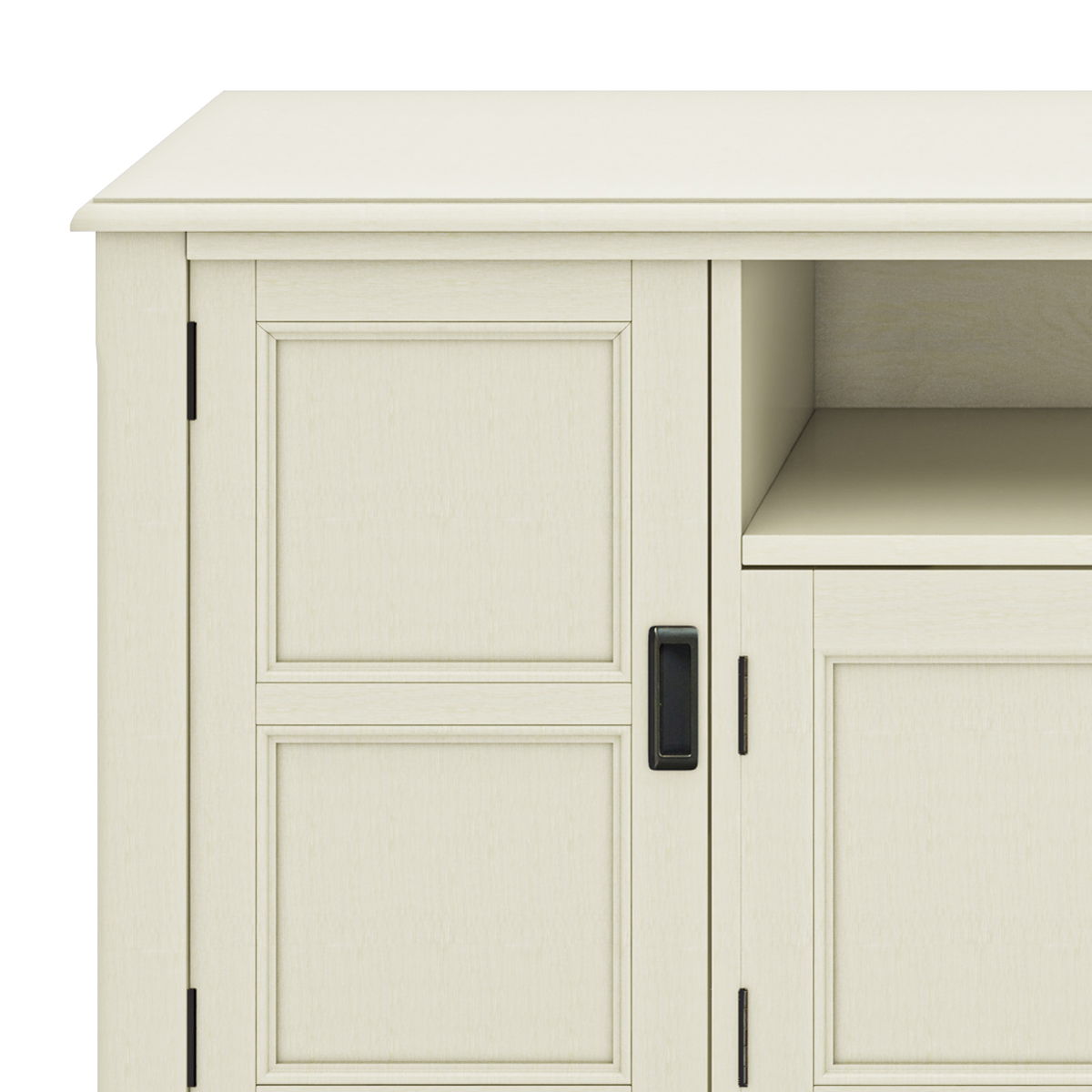 Close-up of the Burlington TV Media Stand, showcasing light wood panel doors with black metal hinges, a rectangular handle, and a partially open shelf above one door.