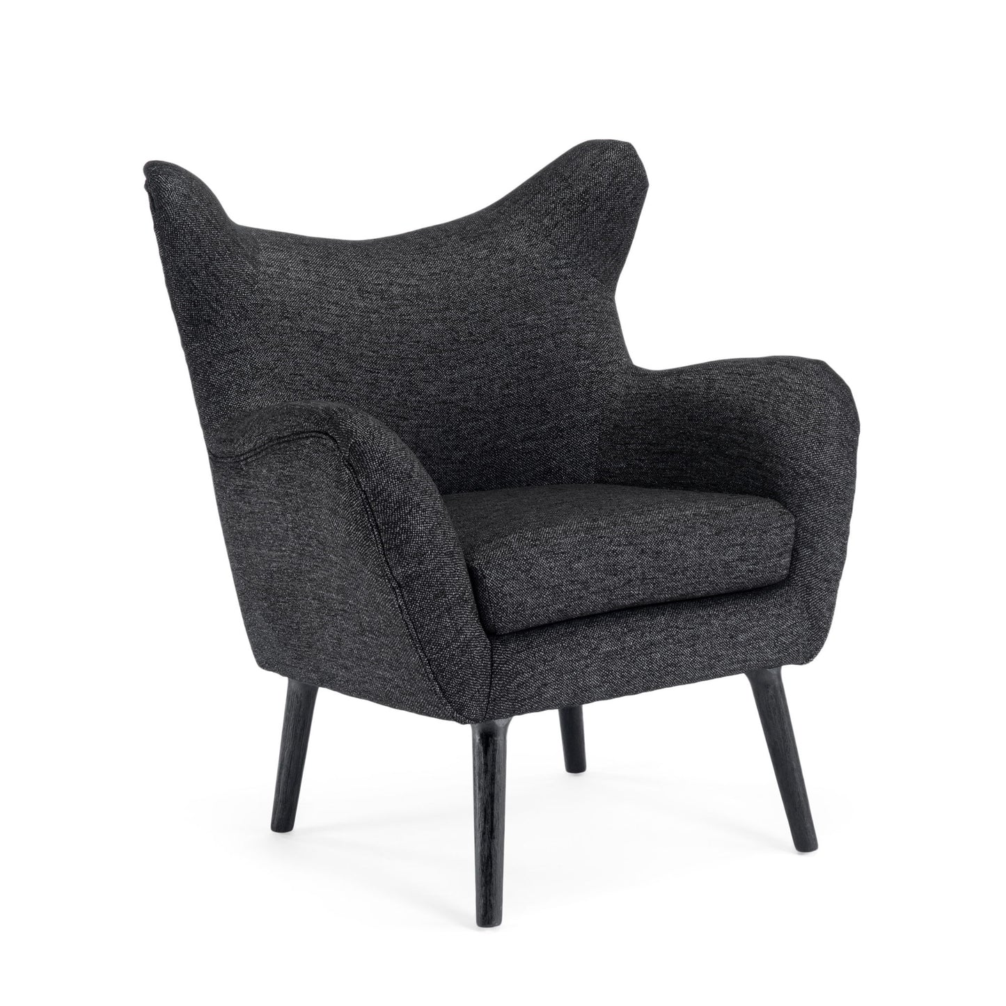 The Mid-Century Modern Arm Chair features a wingback design, dark gray textured fabric, wide curved armrests, and four black wood legs.