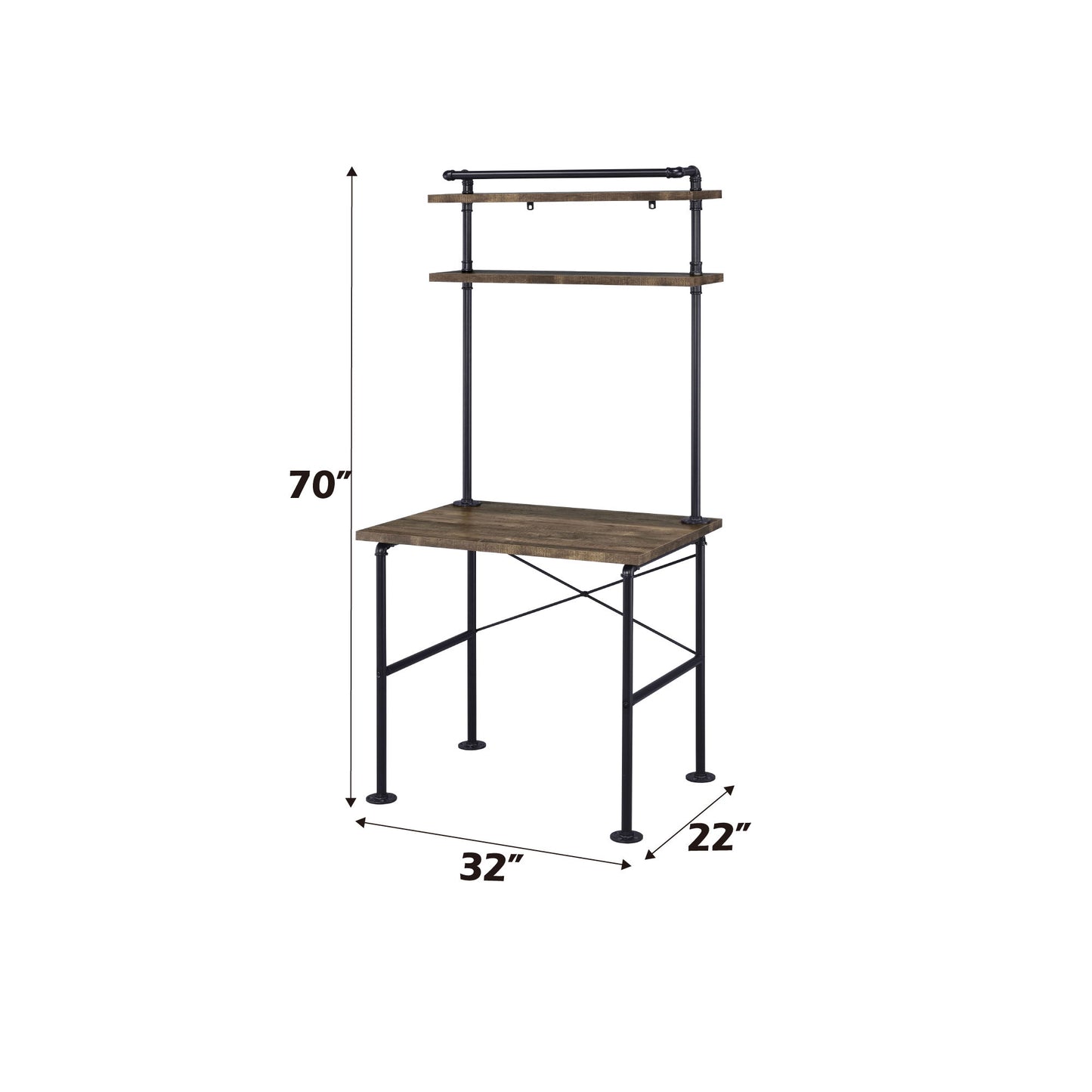 The Ensata Rustic Writing Desk in Black/Oak features metal legs, two wood shelves above the workspace, and measures 70"H x 32"W x 22"D. It boasts a rustic wood finish and a minimalist design.