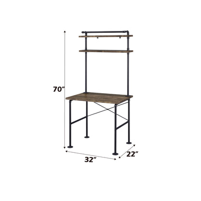 The Ensata Rustic Writing Desk in Black/Oak features metal legs, two wood shelves above the workspace, and measures 70"H x 32"W x 22"D. It boasts a rustic wood finish and a minimalist design.
