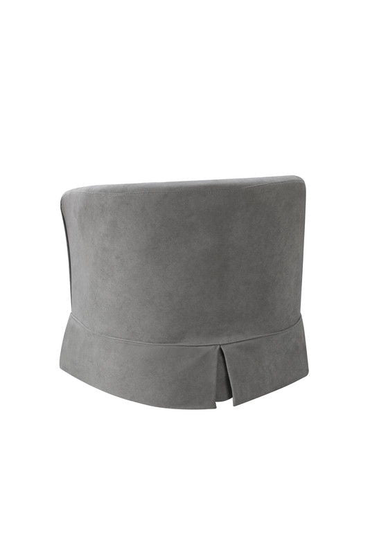 The Tucker - Woven Fabric Swivel Barrel Chair features a modern gray upholstery, a smooth finish, and a tailored skirt with a center slit at the back.