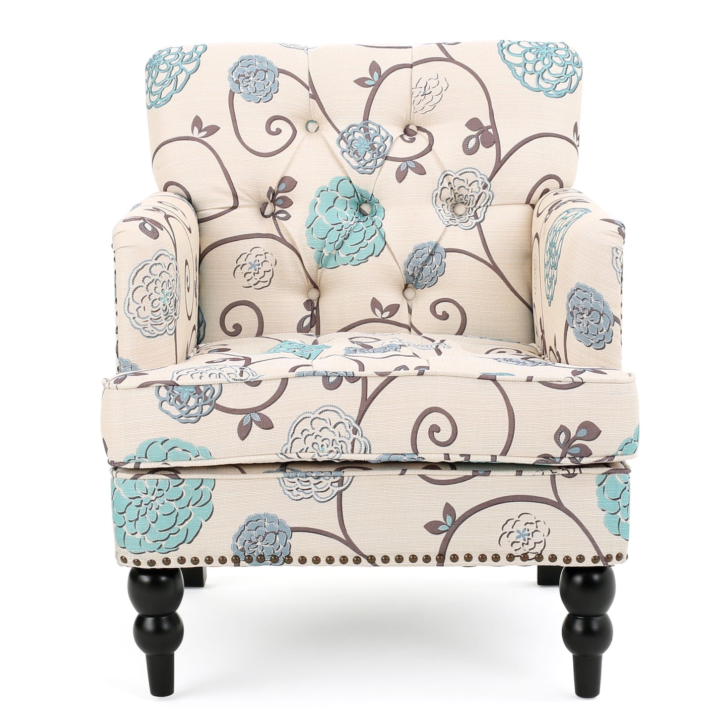 Front view of the Vitality Club Chair, featuring beige upholstery with blue and gray floral patterns, button-tufted diamond stitching on the backrest, rounded armrests, and black turned wooden legs.