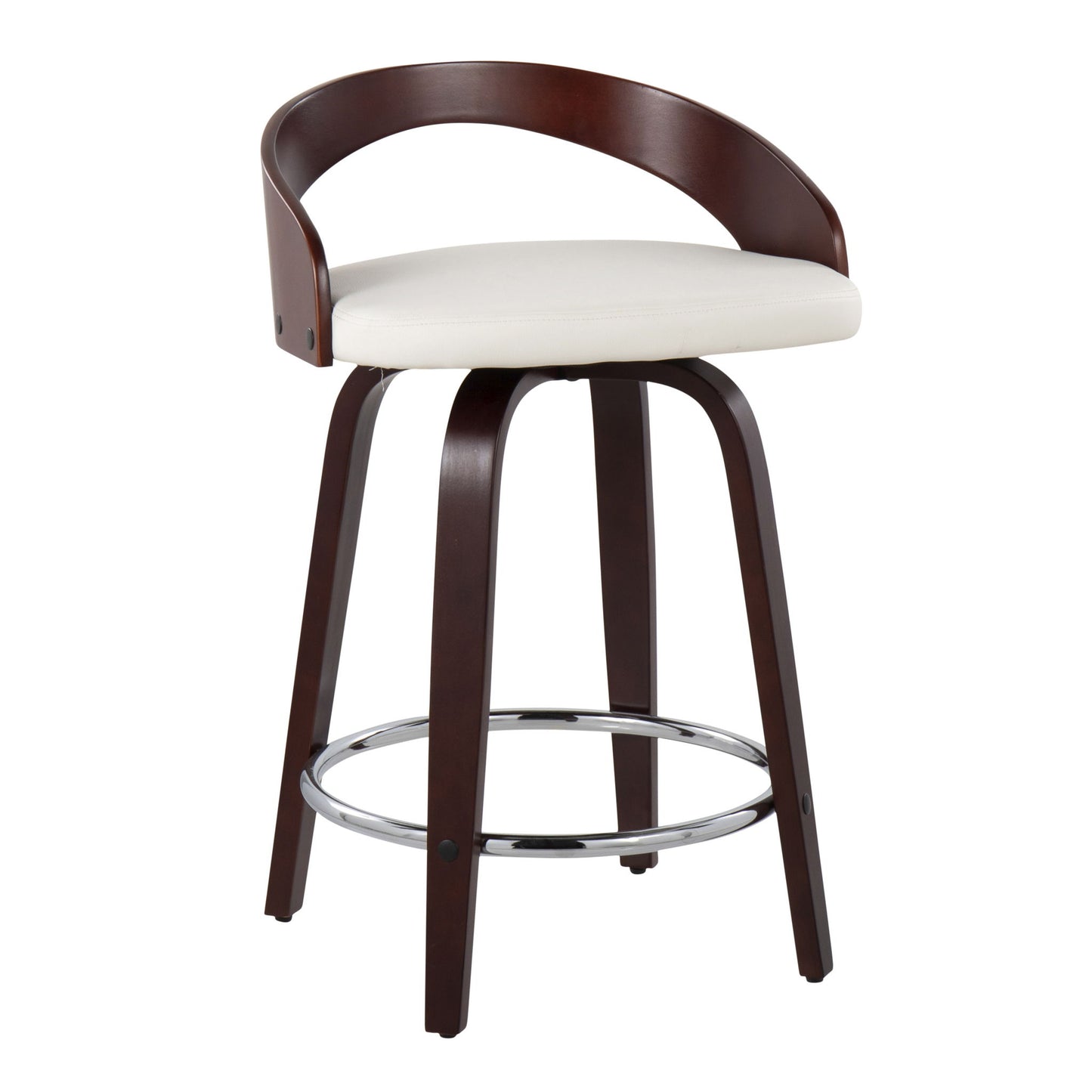 The Grotto - Contemporary Fixed Height Counter Stool & Swivel (Set of 2) features a curved dark wood backrest, white cushioned seat, four dark wood legs, and a round chrome footrest.