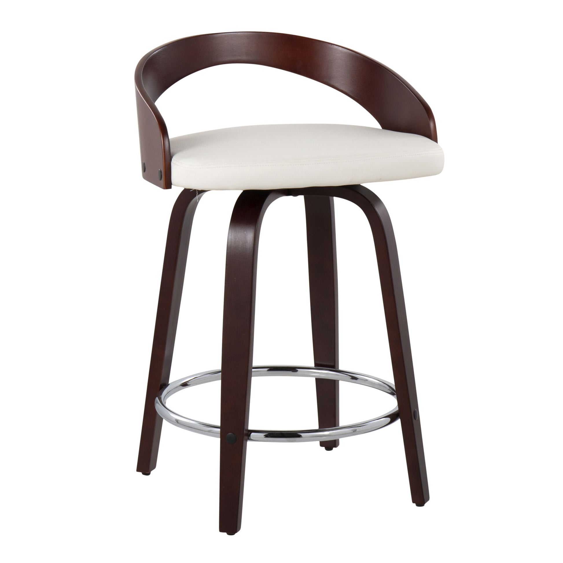 The Grotto - Contemporary Fixed Height Counter Stool & Swivel (Set of 2) features a curved dark wood backrest, white cushioned seat, four dark wood legs, and a round chrome footrest.