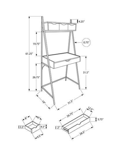 Line drawing of the Computer Desk For Home Office shows a ladder-style design with upper shelf, workspace, and storage drawer. Dimensions: 61.25" H x 31.5" W x 19" D. Insets display drawer and compartment size details.
