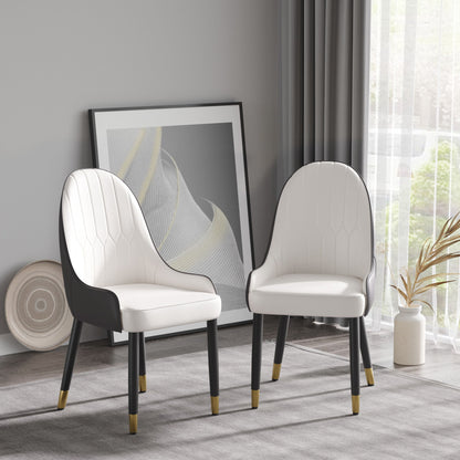 A set of 2 Modern PU Sponge-Filled Dining Chairs with solid wood metal legs sits in a minimalist room beside a large abstract artwork, neutral rug, and dried plants by a window with sheer curtains. Suitable for restaurants or living spaces.