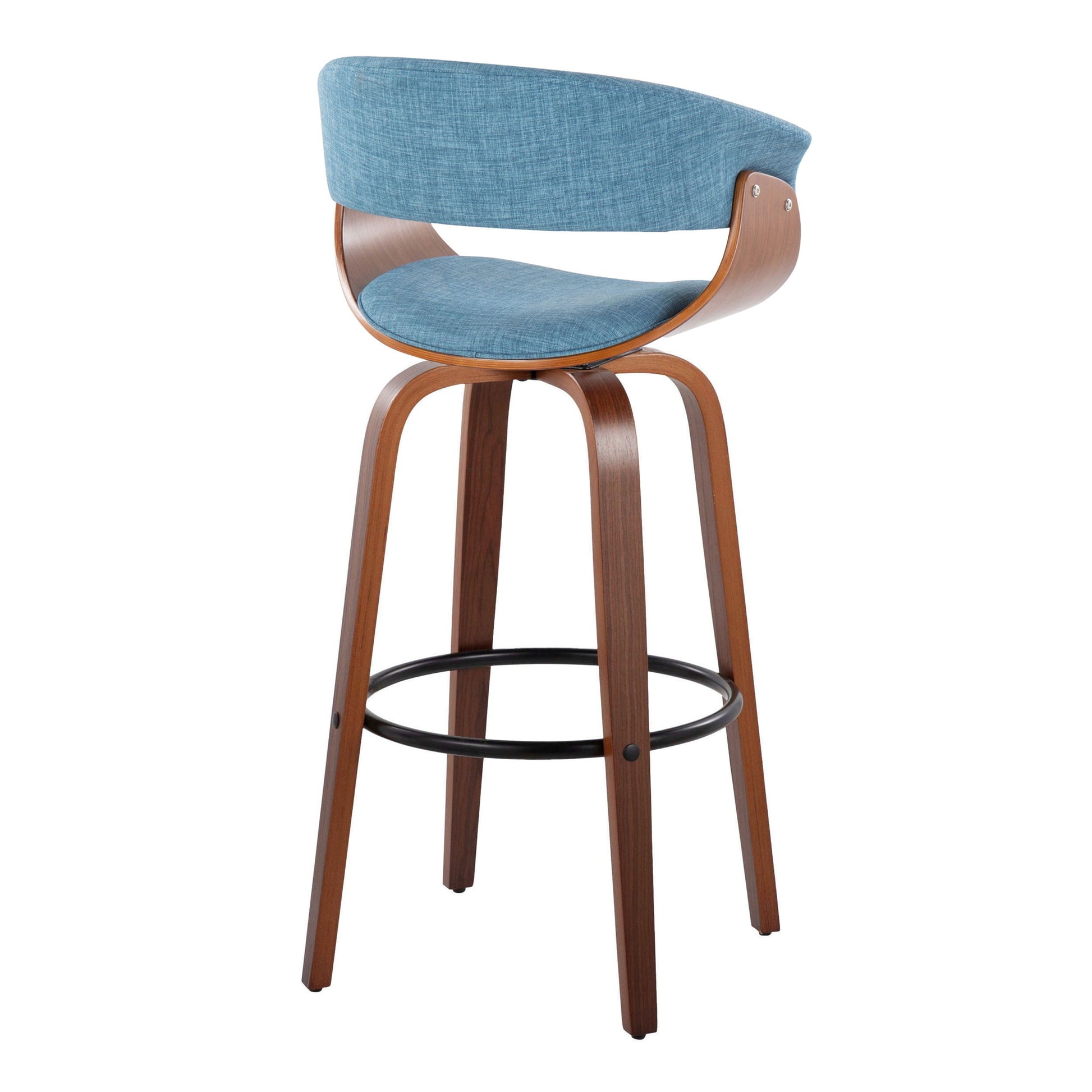 The Vintage Mod Mid Century Modern Fixed Height Barstool (Set of 2) features curved wooden legs, a blue upholstered seat and backrest with wood frame, swivel functionality, and a round black metal footrest.