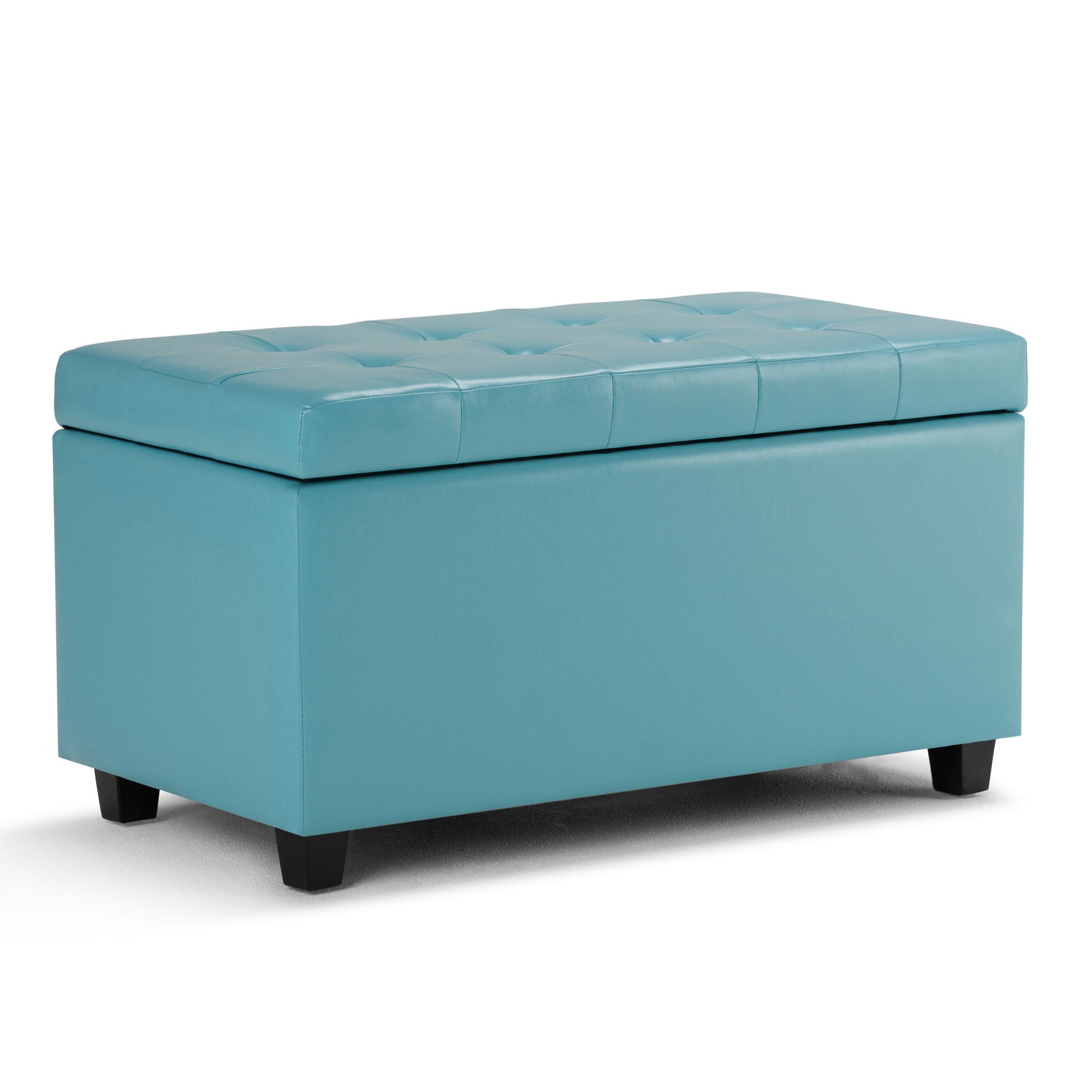 The Cosmopolitan Upholstered Storage Ottoman features a rectangular light blue design, tufted lid details, and stands on four short black legs.