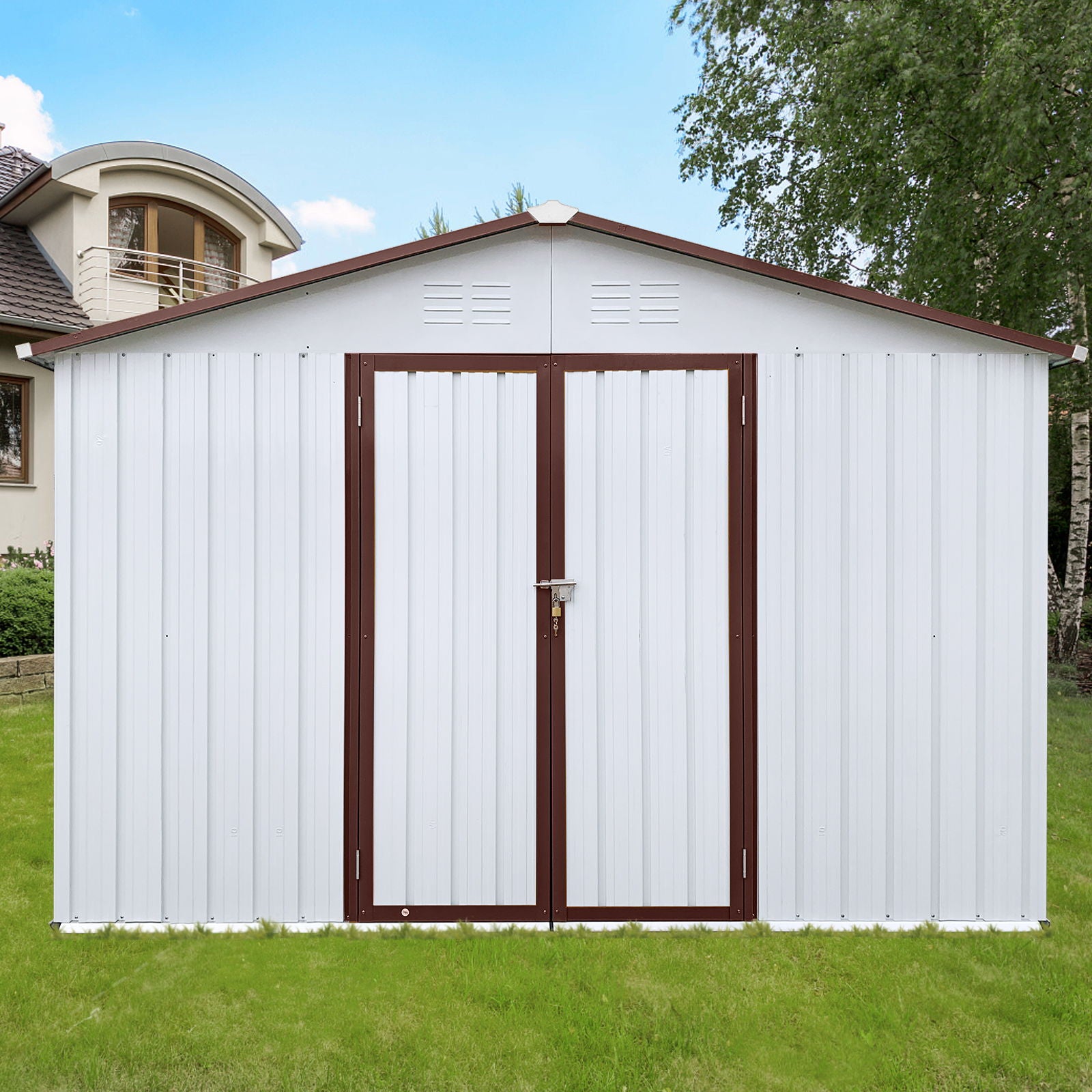 A 10' x 12' Garden Shed with brown trim and double doors sits on a green lawn, with a modern house and trees in the background beneath a blue sky.