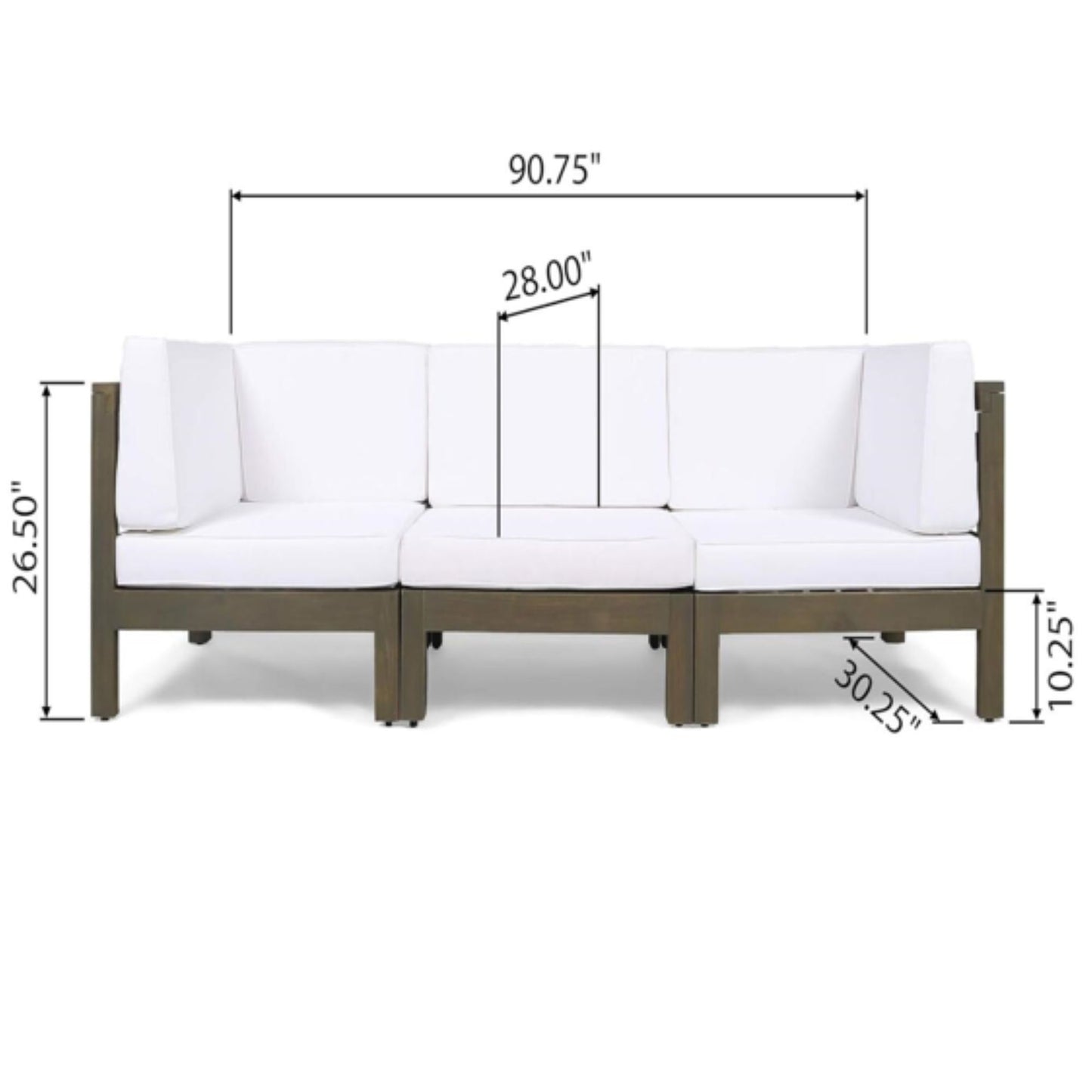 The Oana 3 Piece Sofa Set features water-resistant white cushions, a wooden frame, and measures 90.75" wide, 26.5" tall, with seat depth 28", seat height 10.25", and overall depth 30.25".