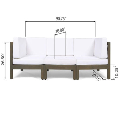 The Oana 3 Piece Sofa Set features water-resistant white cushions, a wooden frame, and measures 90.75" wide, 26.5" tall, with seat depth 28", seat height 10.25", and overall depth 30.25".