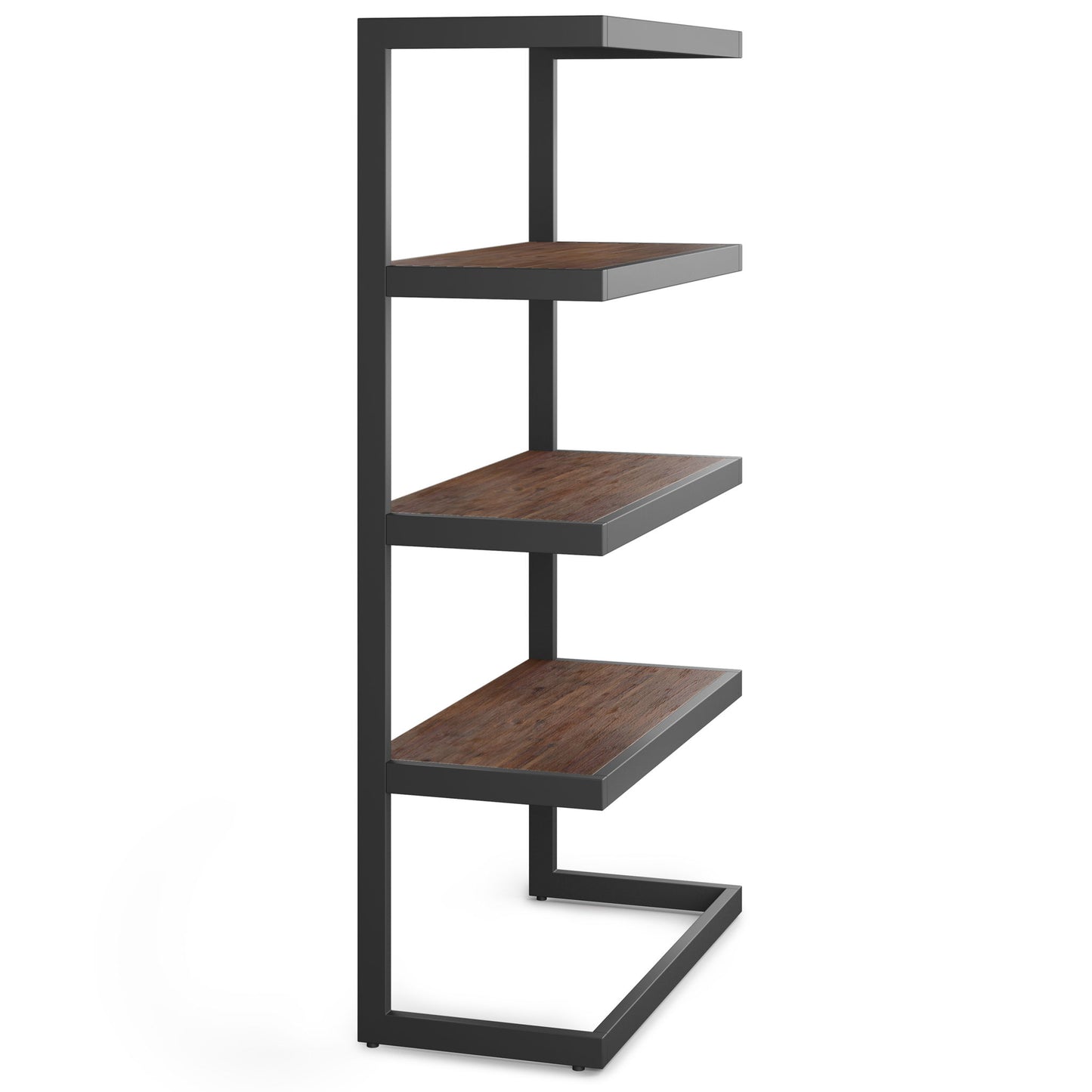 The Erina - Handcrafted Bookcase features four wooden shelves and a black metal frame in an open, asymmetrical geometric design, perfect for modern interiors.