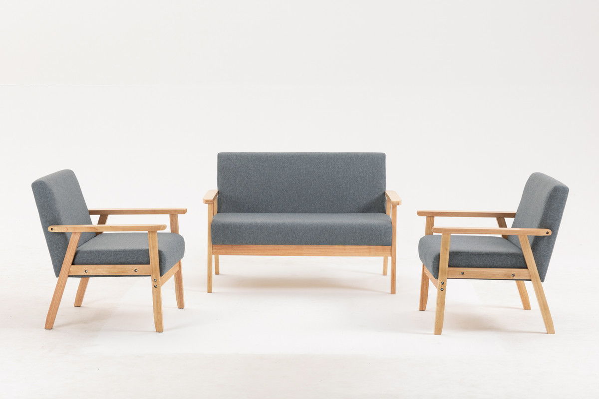 The Bahamas - Loveseat And 2 Chair Living Room (Set of 3) features wooden frames and gray upholstery: a central loveseat flanked by two matching armchairs, all displayed against a plain white background.