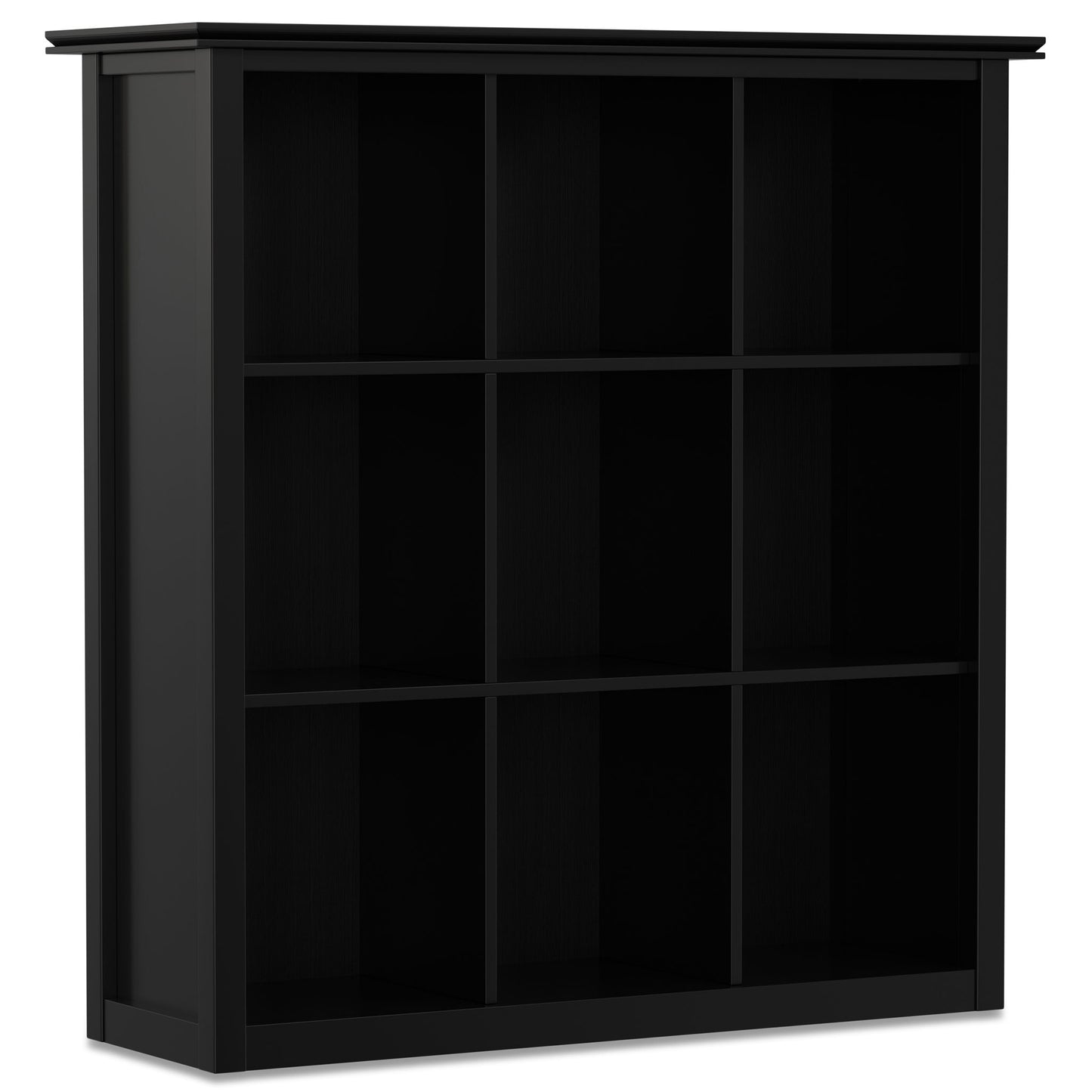 The Artisan - Cube Storage is a black wooden bookshelf with three rows and three columns, offering nine open square cubby compartments for storage or display.