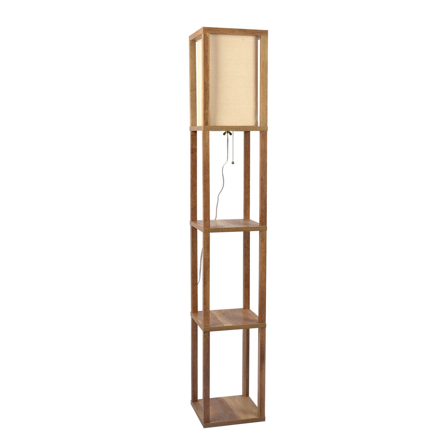 The Pinnacle Shelf Floor Lamp for bedroom or living room features natural wood, three open shelves, a long white square fabric shade on top, and a visible pull cord switch hanging below the shade.