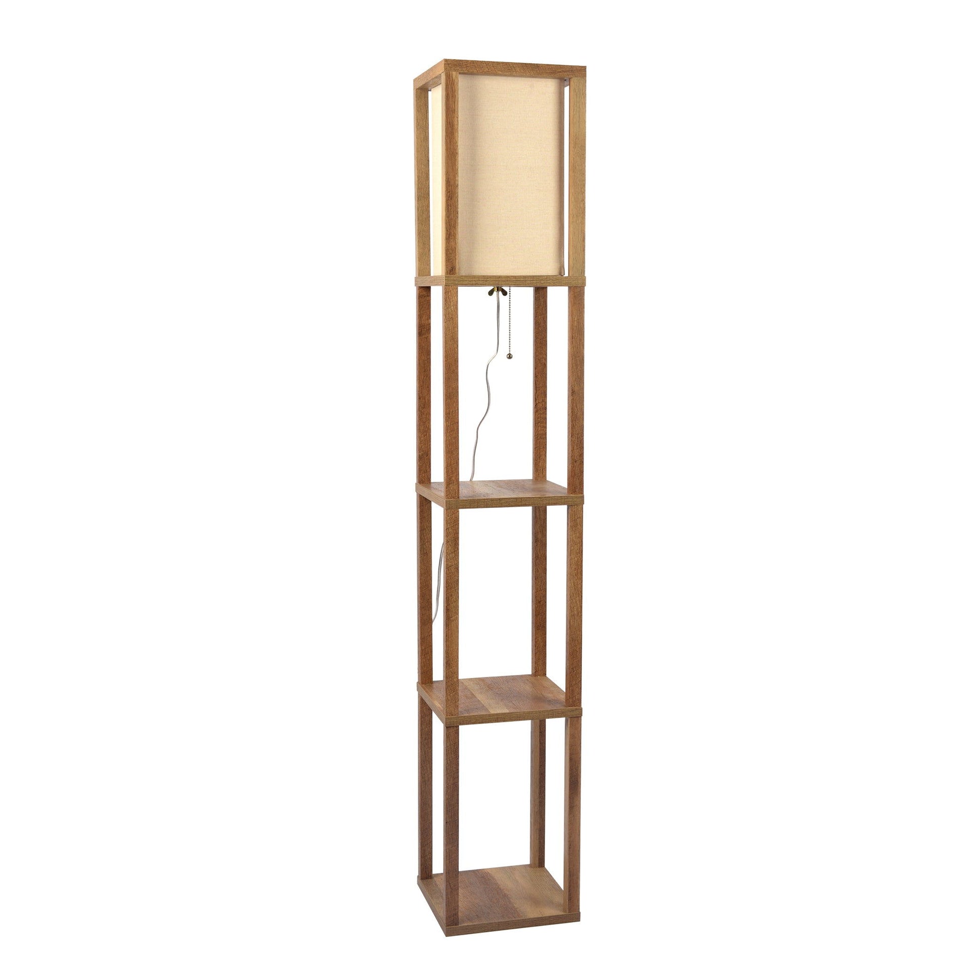 The Pinnacle Shelf Floor Lamp for bedroom or living room features natural wood, three open shelves, a long white square fabric shade on top, and a visible pull cord switch hanging below the shade.