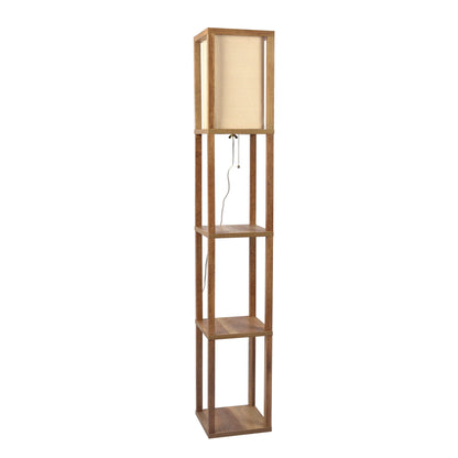 The Pinnacle Shelf Floor Lamp for bedroom or living room features natural wood, three open shelves, a long white square fabric shade on top, and a visible pull cord switch hanging below the shade.