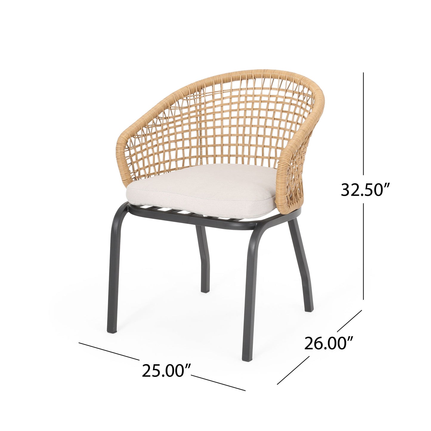 The Outdoor Wicker Chair With Powder Coated Iron Legs features a curved backrest, light cushion, and black metal legs. Dimensions: 32.5"H x 25"W x 26"D, with measurement lines displayed.