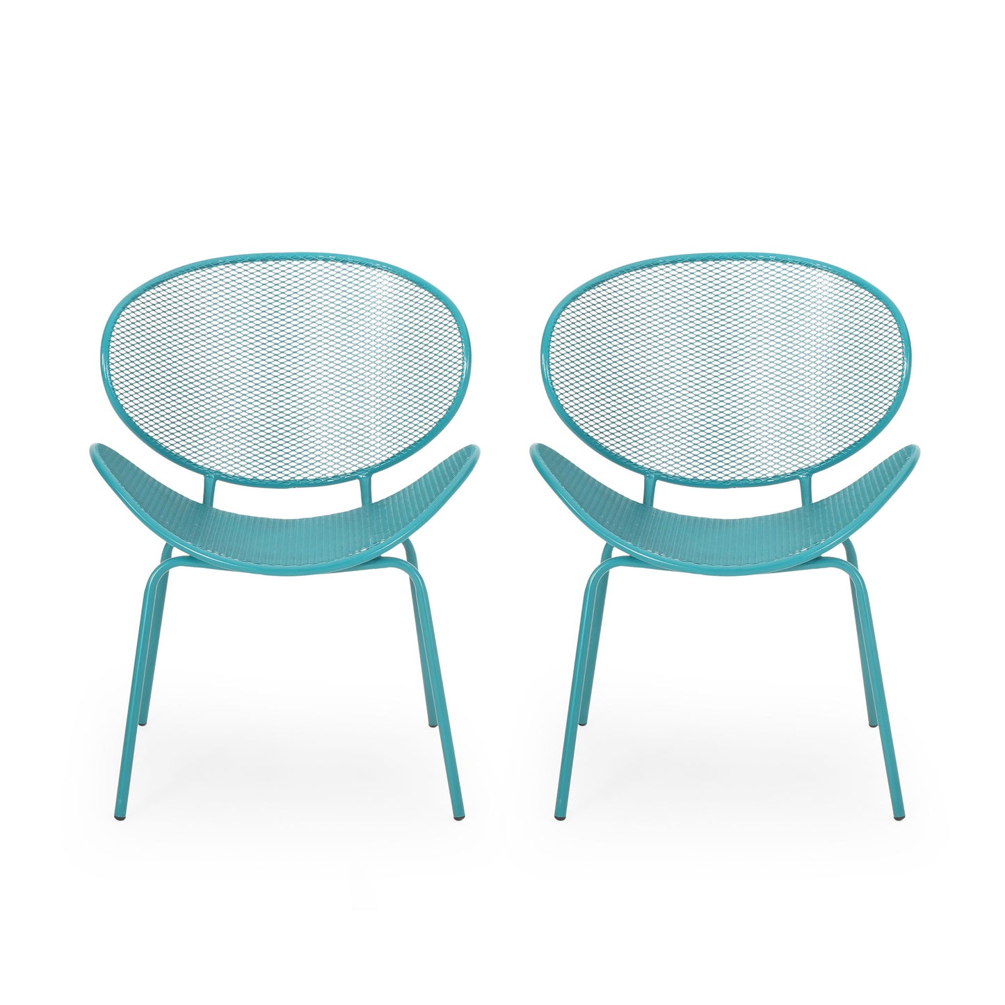 The Elba Contemporary Chair Set for outdoor relaxation features two modern teal metal chairs with oval mesh backs and curved seats, shown side by side on a white background.