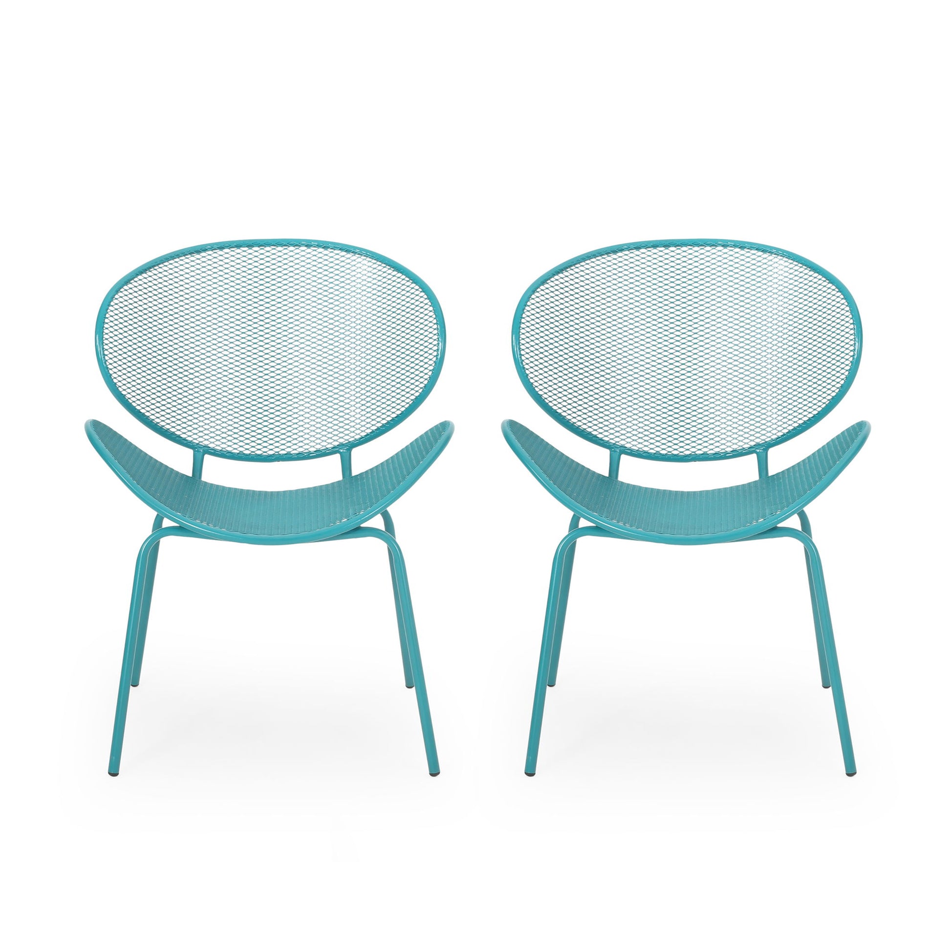 The Elba Contemporary Chair Set for outdoor relaxation features two modern teal metal chairs with oval mesh backs and curved seats, shown side by side on a white background.
