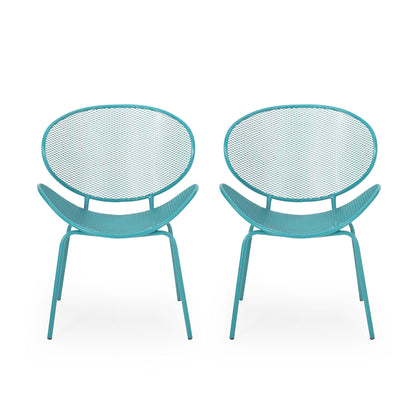 The Elba Contemporary Chair Set for outdoor relaxation features two modern teal metal chairs with oval mesh backs and curved seats, shown side by side on a white background.