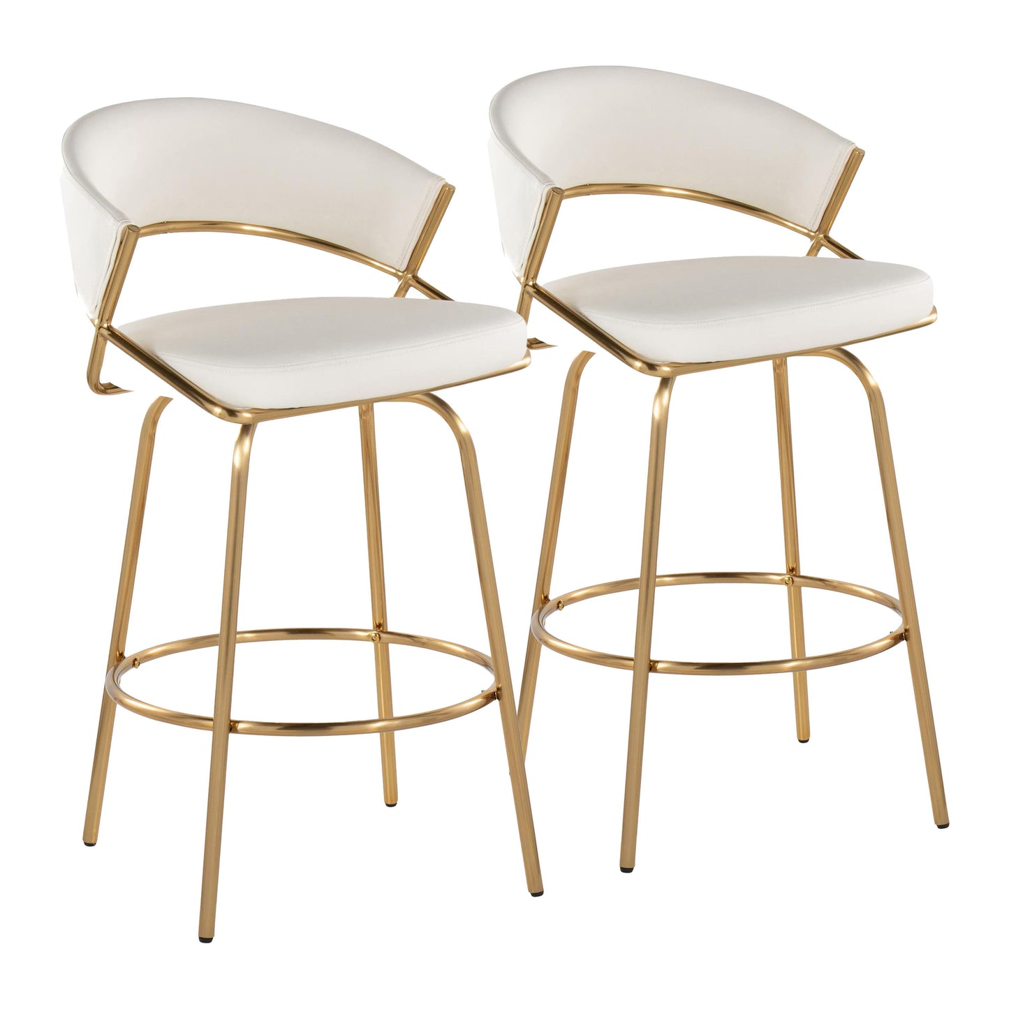 The Jie - Glam Fixed Height Counter Stool (Set of 2) features gold metal frames, white cushioned seats and backs, curved backrests, footrests, and a sleek contemporary design.