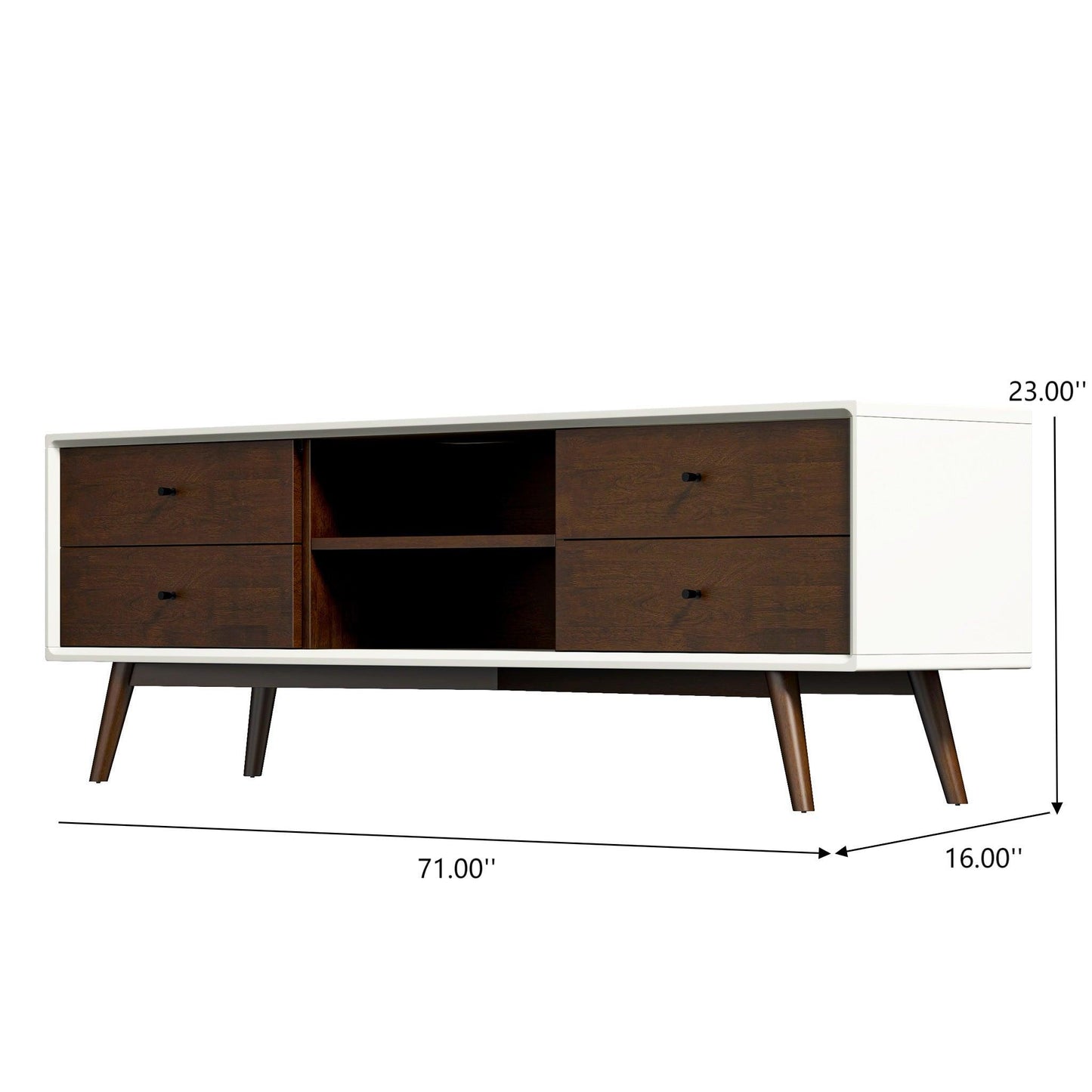 The Caroline Modern TV Stand features a white frame, four dark wood drawers, two central open shelves, and angled wooden legs. It fits TVs up to 72" and measures 71"W x 16"D x 23"H.