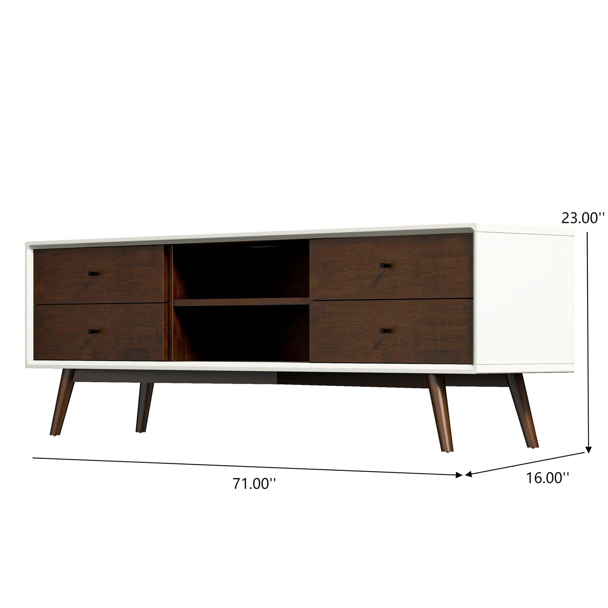 The Caroline Modern TV Stand features a white frame, four dark wood drawers, two central open shelves, and angled wooden legs. It fits TVs up to 72" and measures 71"W x 16"D x 23"H.