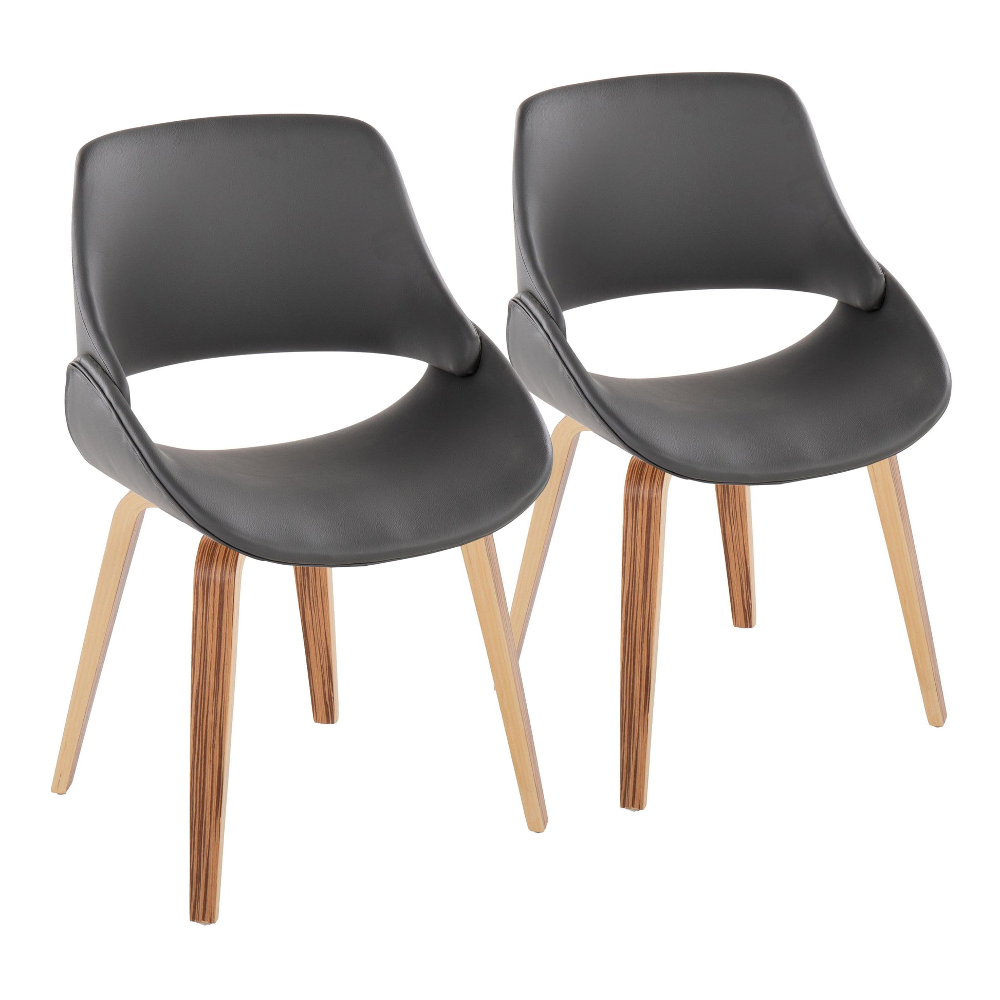 The Fabrico Mid Century Modern Dining Chair set features two chairs side by side, each with a black curved seat, light wooden legs, and rounded backs with an open lower back design, all set against a white background.