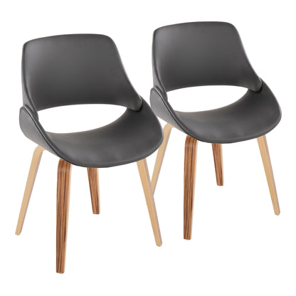 The Fabrico Mid Century Modern Dining Chair set features two chairs side by side, each with a black curved seat, light wooden legs, and rounded backs with an open lower back design, all set against a white background.