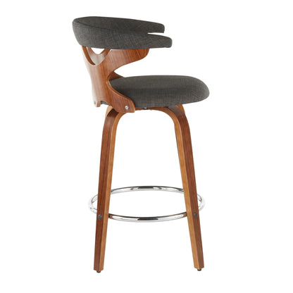 The Gardenia - Mid Century Modern Counter Stool (Set of 2) features dark wooden legs, a curved wooden backrest, a gray upholstered seat, and a circular chrome footrest. Shown in profile against a white background.