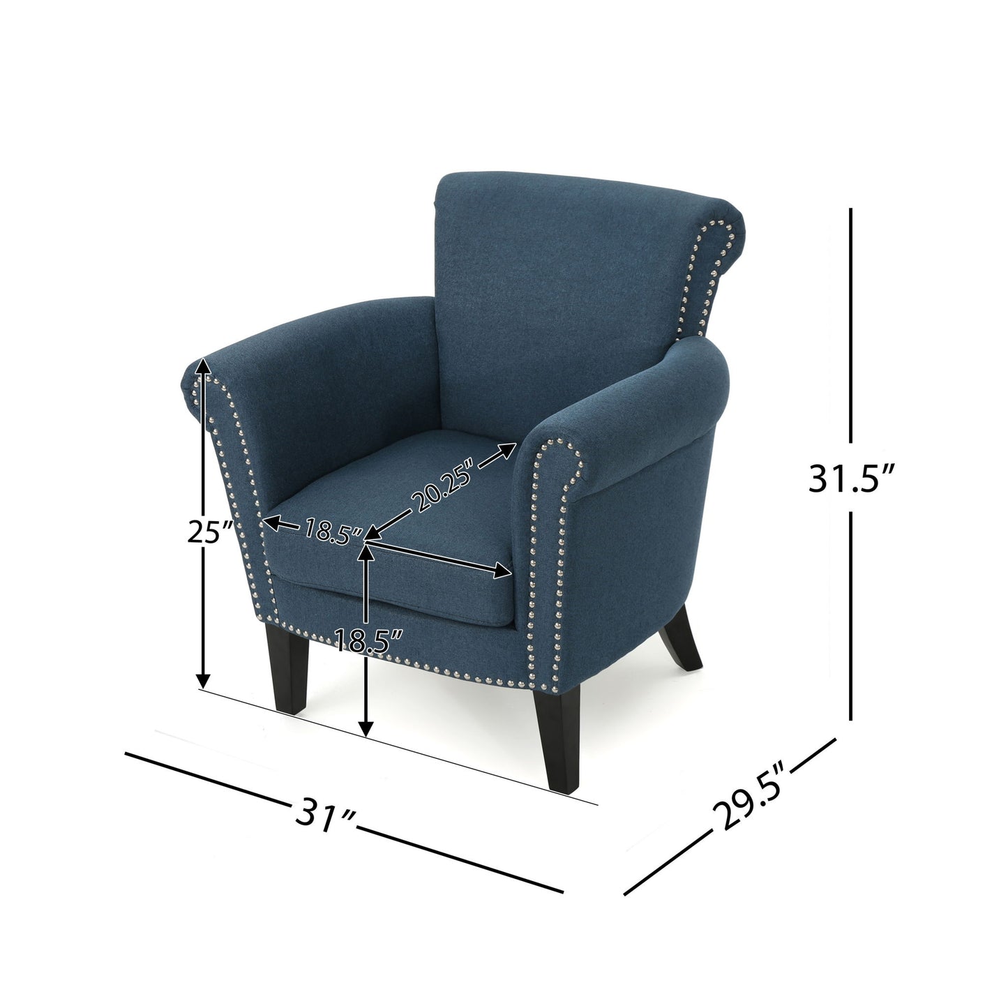 The Elegant Club Chair With Nailhead Trim And Birch Wood Legs features blue upholstery, silver nailhead trim, and measures 31.5" H x 31" W x 29.5" D; seat height: 18.5", seat depth: 20.25", arm height: 25".