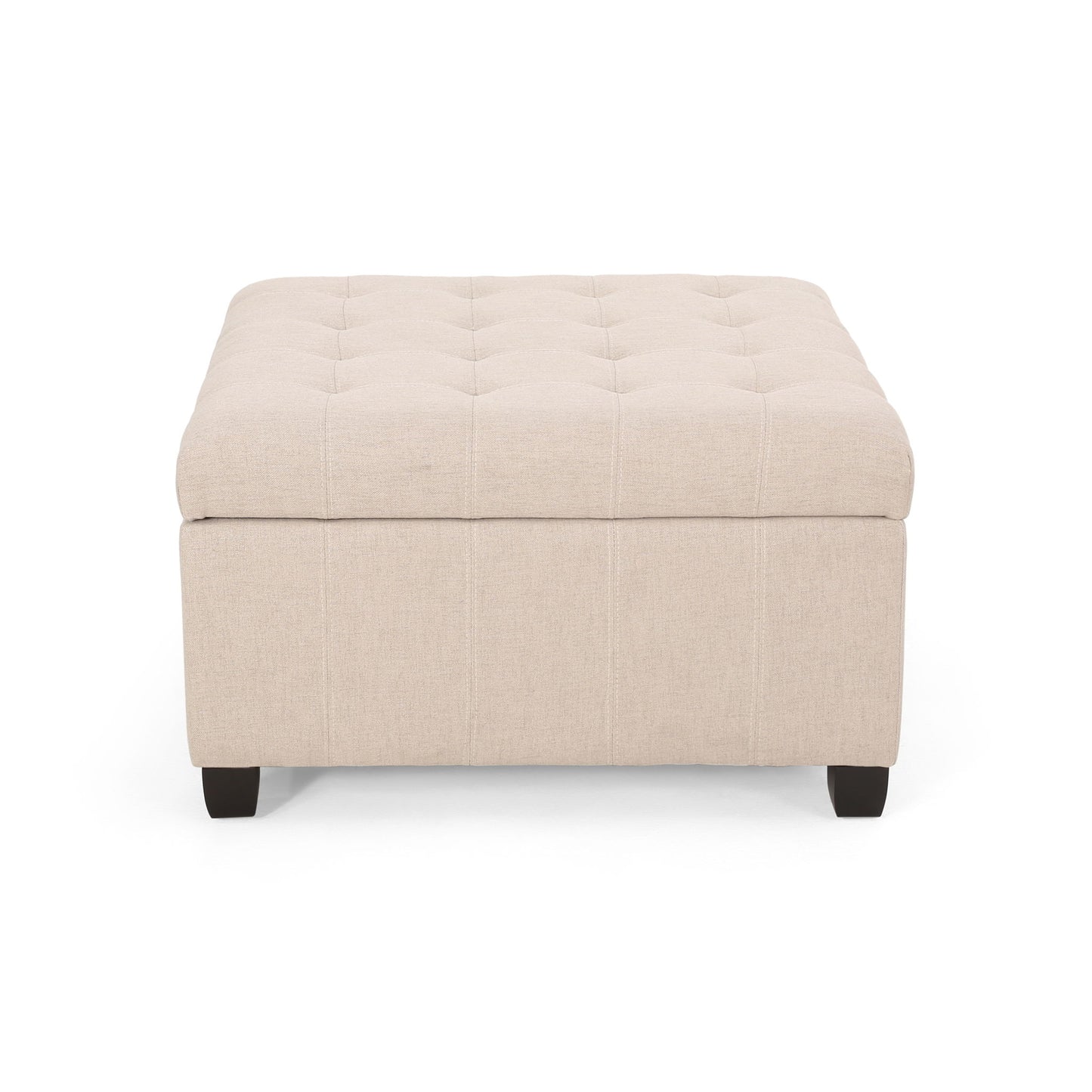 The Isabella Contemporary Ottoman With Storage is beige, square, and tufted, featuring short dark wooden legs and shown from the front against a white background.