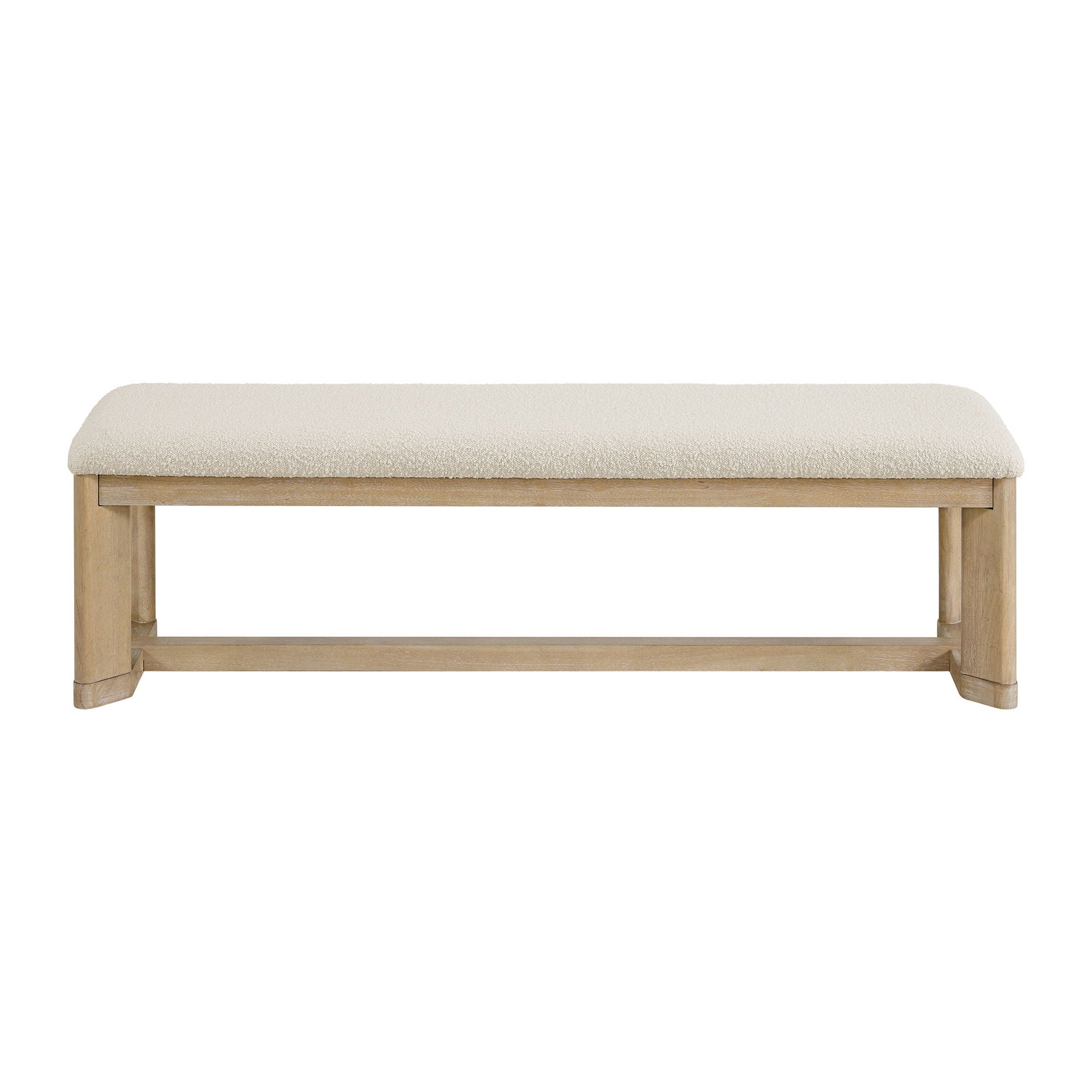 The Clove - Upholstered Dining Bench in brown features a rectangular wooden frame with a light beige cushioned seat and an open base, shown from the front against a white background.