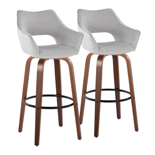 The Mustang Contemporary Fixed Height Barstool set includes two stools with swivel seats, light gray cushions, curved backrests, walnut-finish wooden legs, and black round metal footrests for a modern touch.
