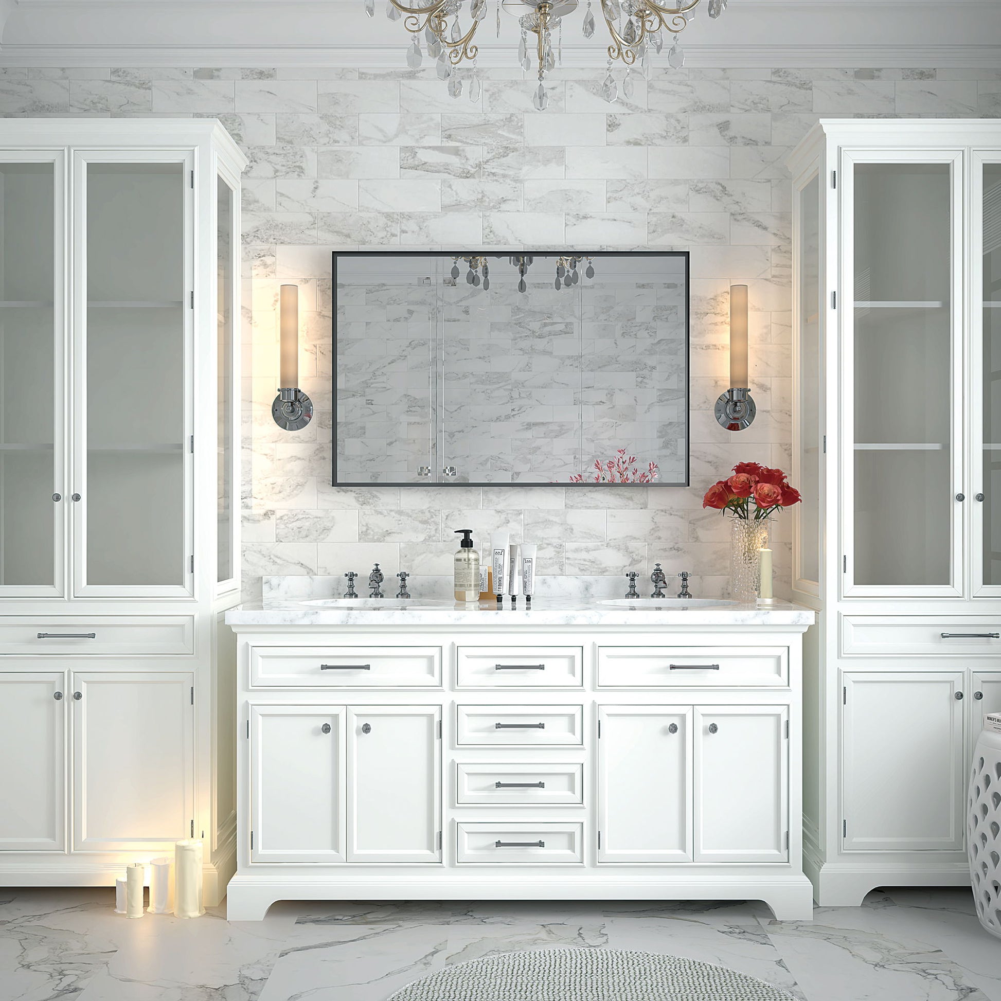 A luxurious white bathroom features a marble countertop, dual sinks, glass-door cabinets, wall sconces, red flowers in a vase, and the Rectangular Bathroom Mirror with a square angle metal frame mounted on the wall. Marble tiles and a chandelier add elegance.