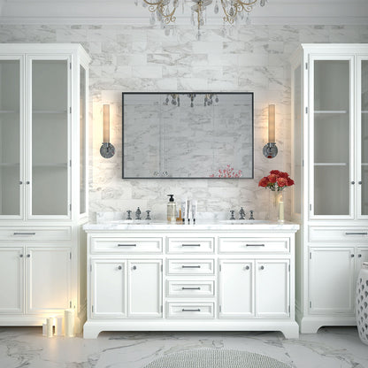 A luxurious white bathroom features a marble countertop, dual sinks, glass-door cabinets, wall sconces, red flowers in a vase, and the Rectangular Bathroom Mirror with a square angle metal frame mounted on the wall. Marble tiles and a chandelier add elegance.