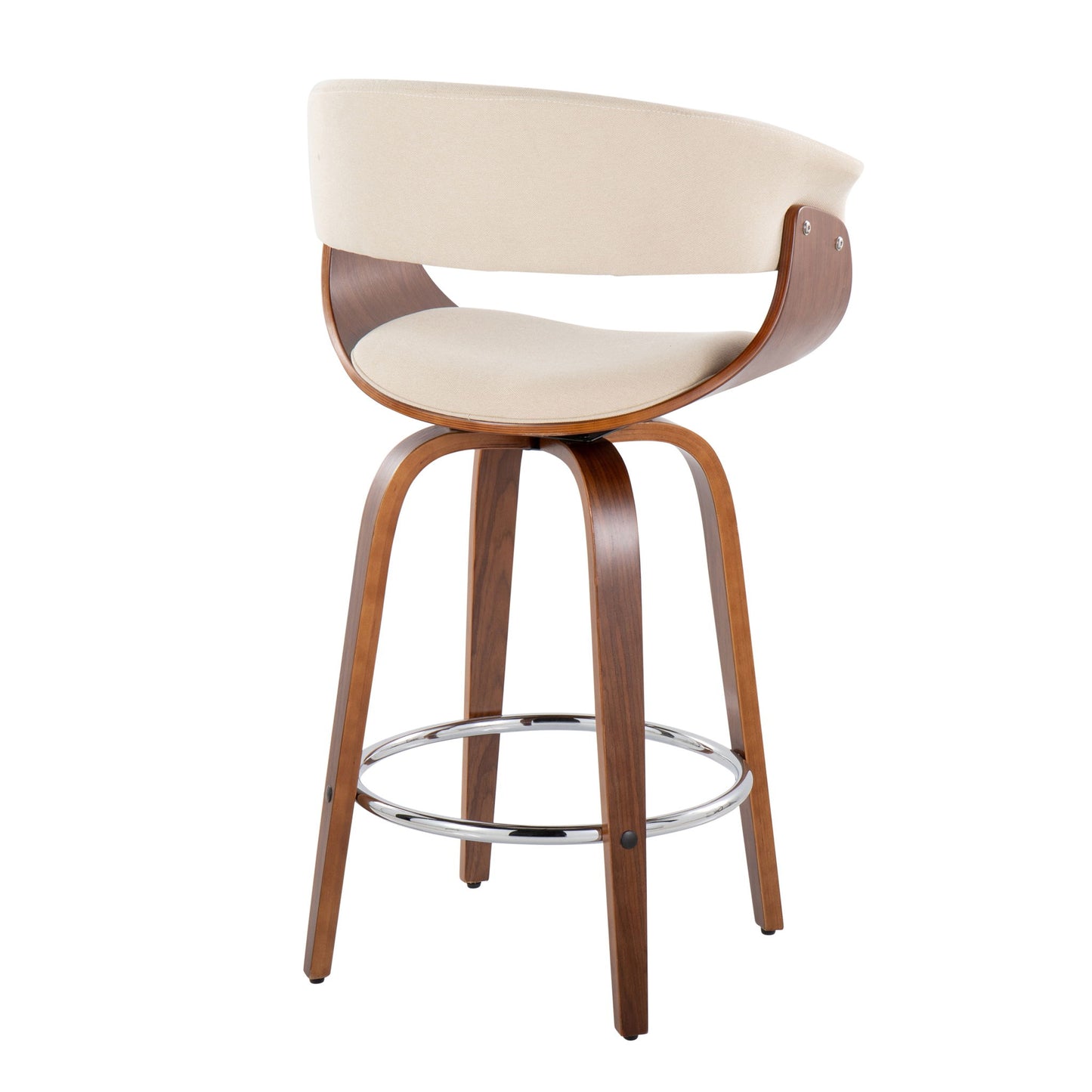 The Vintage Mod Mid Century Modern Fixed Height Counter Stool Set of 2 features a curved wooden backrest, cream cushioned seat and back, swivel function, and a round chrome footrest supported by four bent wood legs.