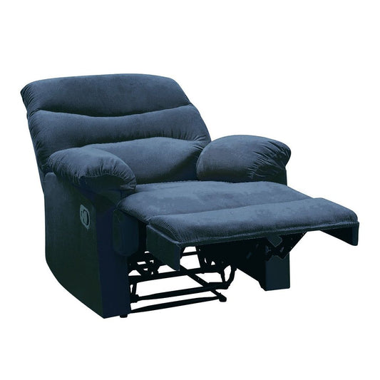 The Arcadia - Woven Motion Recliner is a plush dark blue chair with padded armrests and an extended footrest, shown against a plain white background.