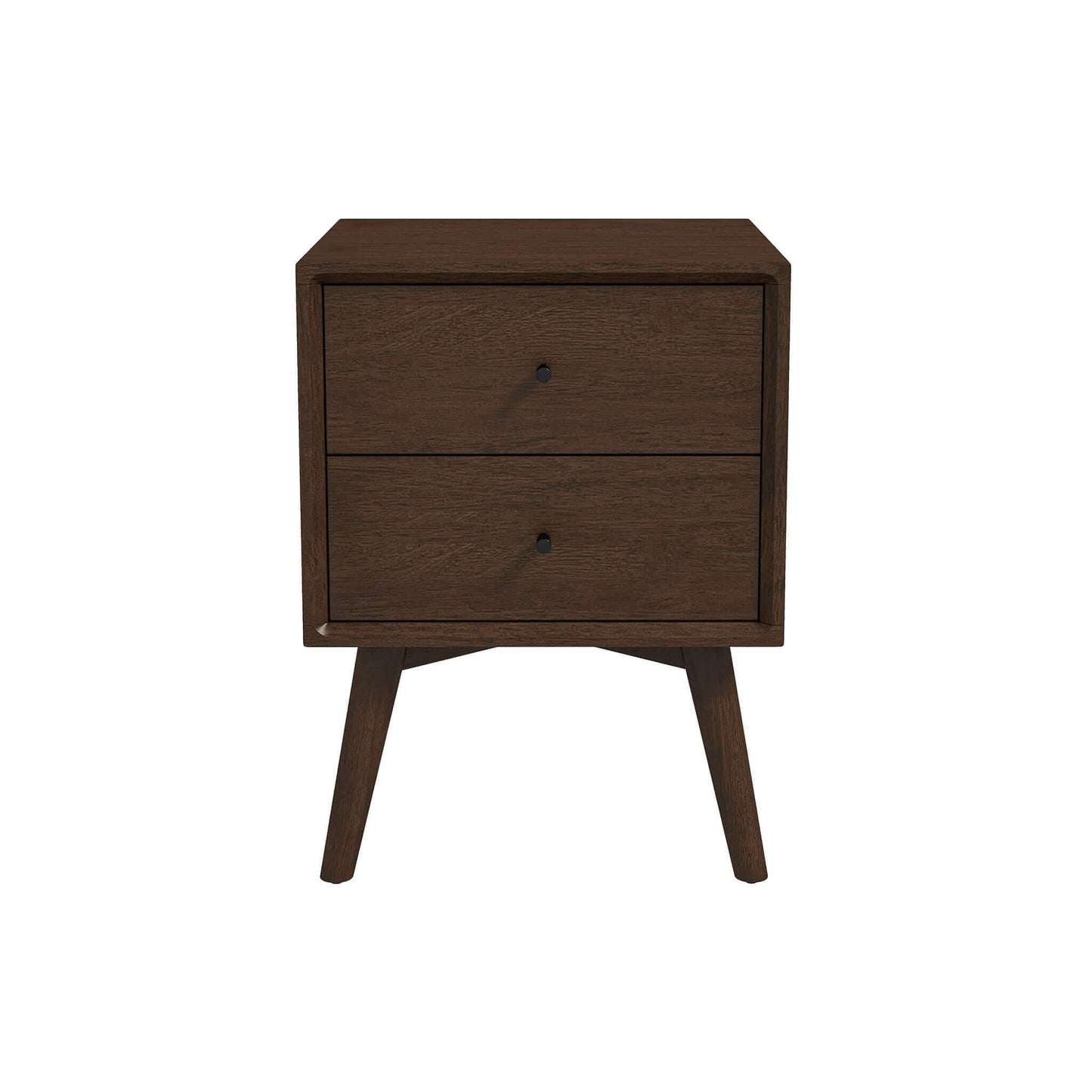 A white Caroline nightstand in mid-century modern style with two drawers and angled legs, shown against a white background.
