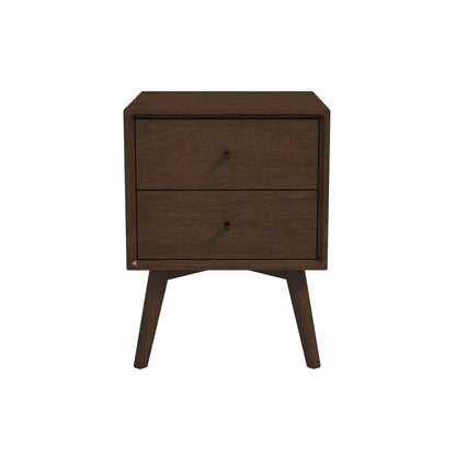 A white Caroline nightstand in mid-century modern style with two drawers and angled legs, shown against a white background.