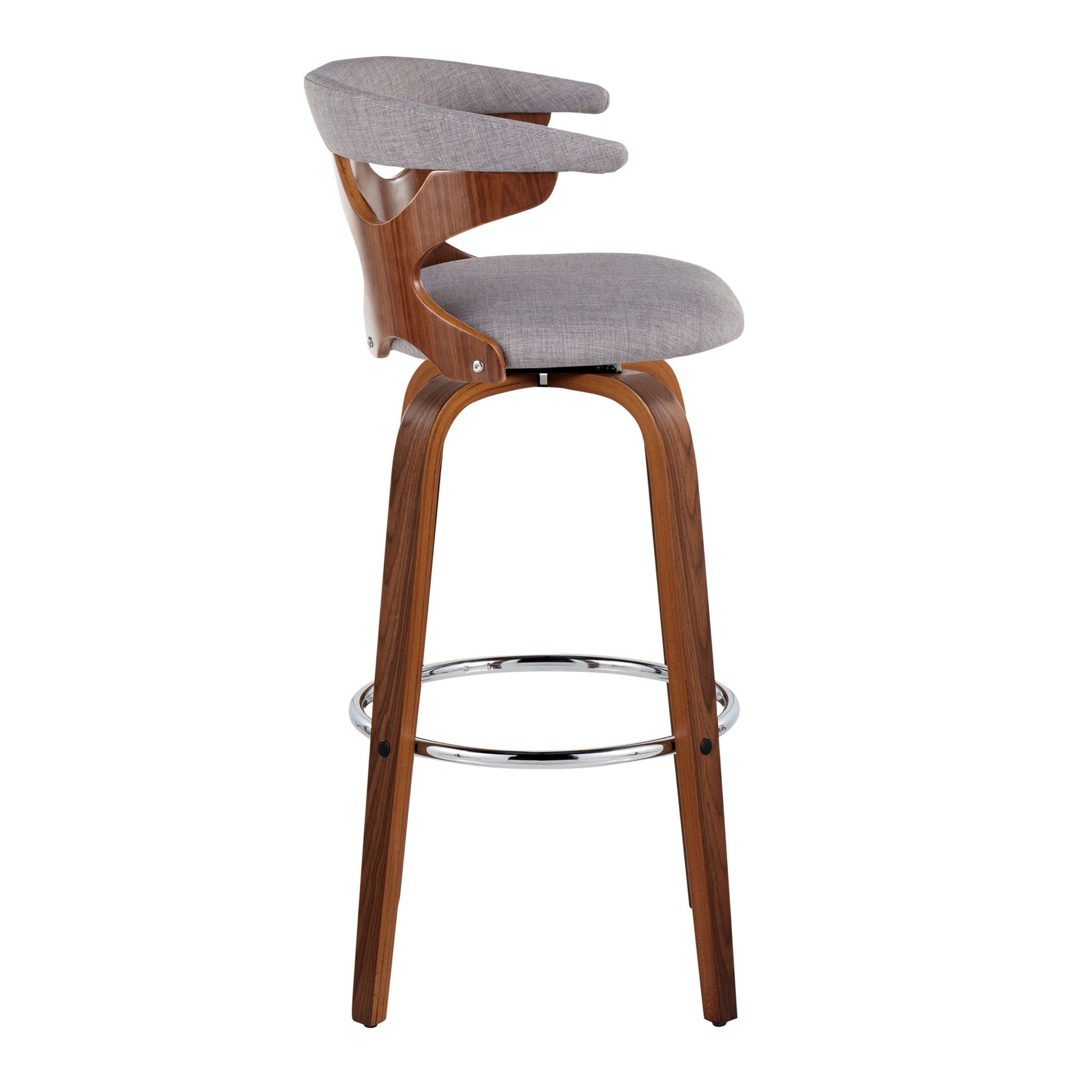 The Gardenia Mid Century Modern Barstool features a curved wooden backrest, light gray cushioned seat, wooden legs, and a round chrome footrest; comes as a set of 2 and includes swivel functionality.