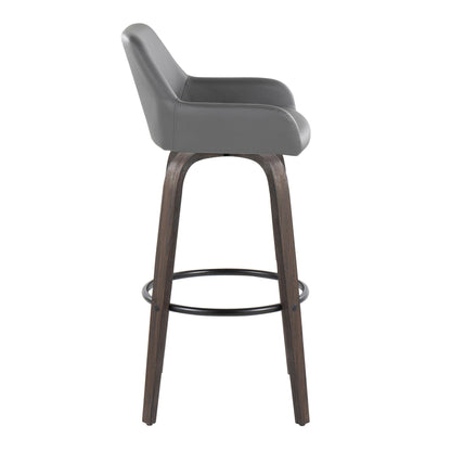Side view of the Daniella Contemporary Fixed Height Barstool with swivel, featuring a gray cushioned seat, curved backrest, wooden legs, and a round black metal footrest. Sold as a set of 2.