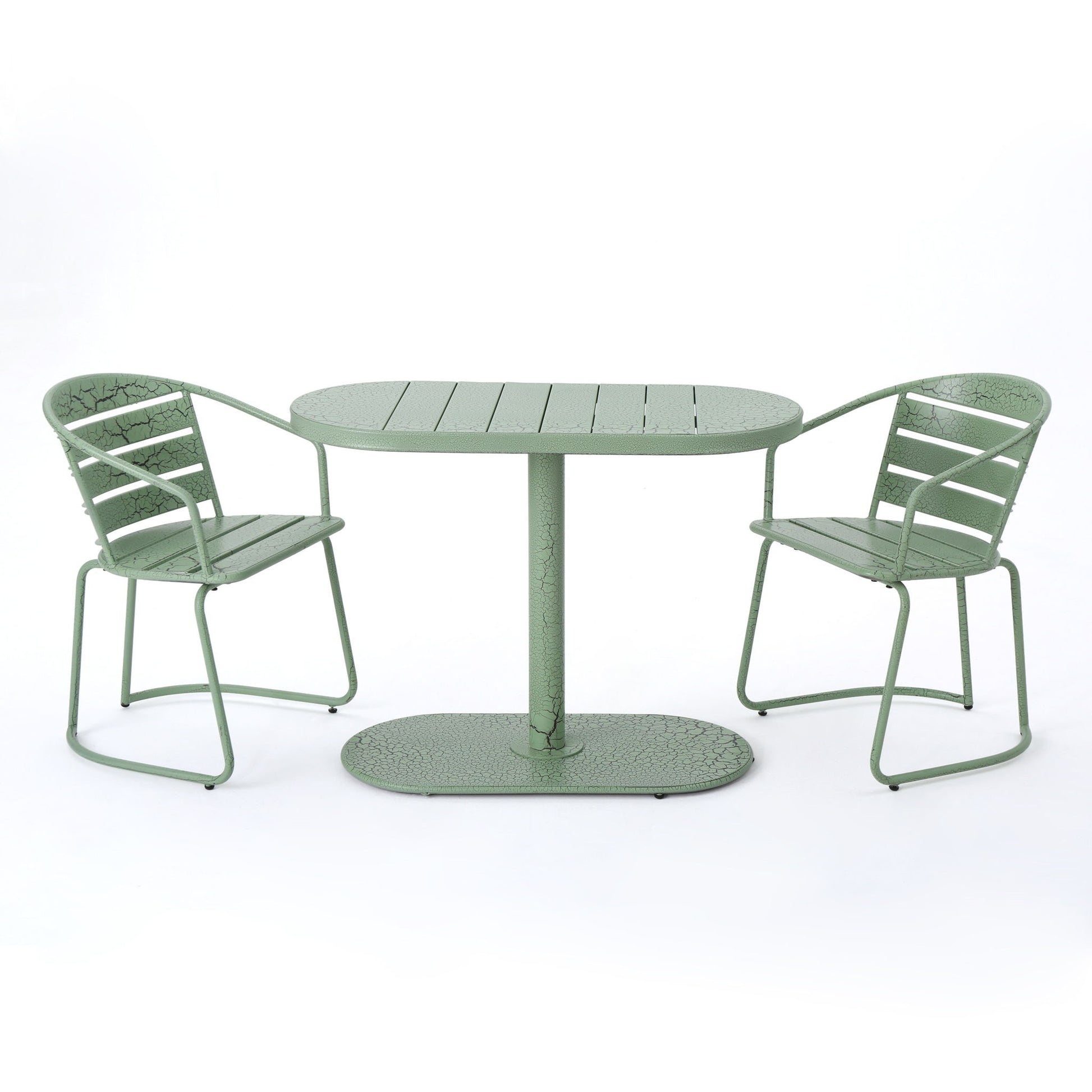 The 3 Piece Elegant Outdoor Bistro Set includes two chairs and an oval table, all in light green metal with a slatted design and matching textured finish, displayed against a plain white background.