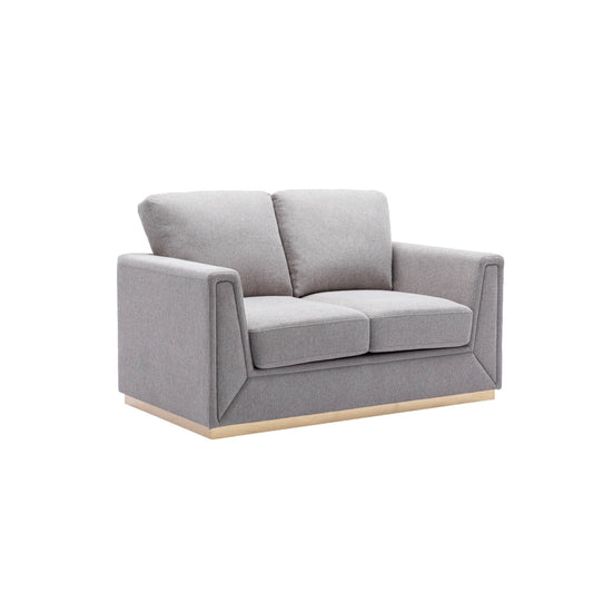 The Couch.com Valin Linen Loveseat features a modern gray fabric with square arms, two seat cushions, and a light wood base, offering durable design and stylish comfort for your living room.