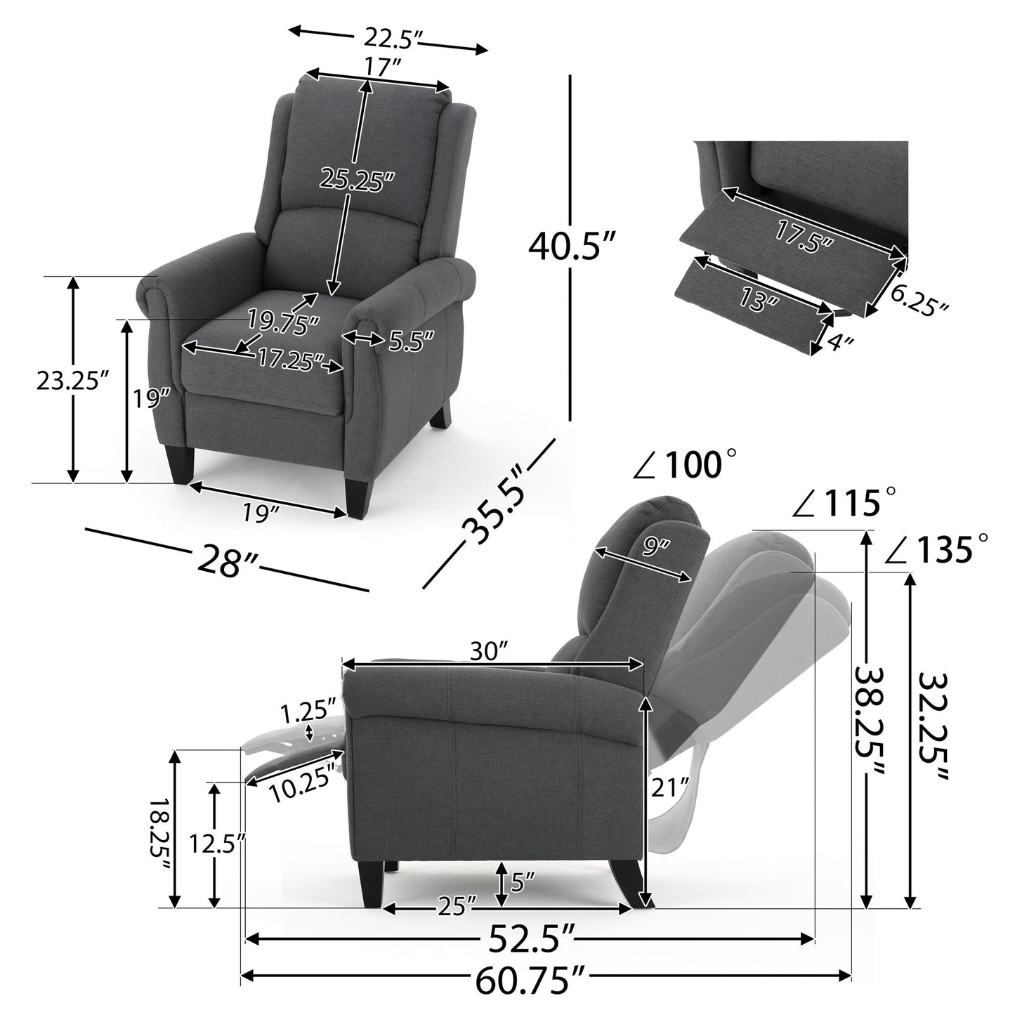 The Contemporary Push Back Recliner Chair in grey is displayed from multiple angles, showing detailed measurements for height, width, depth, armrests, seat, backrest, legs, and recline angles with arrows and inch dimensions.