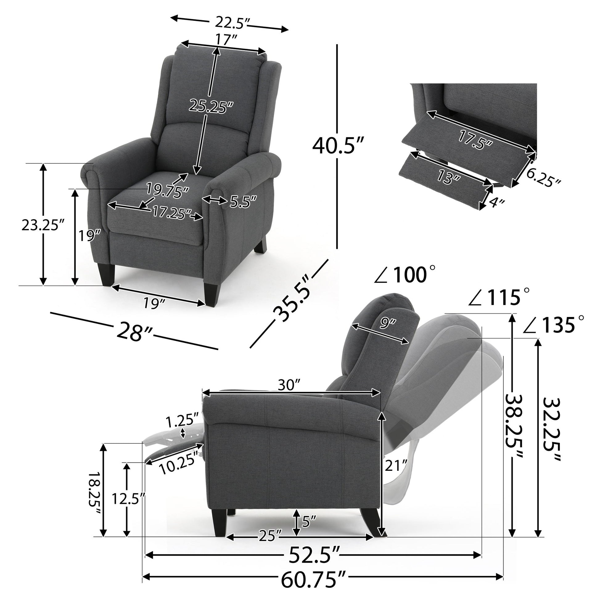 The Contemporary Push Back Recliner Chair in grey is displayed from multiple angles, showing detailed measurements for height, width, depth, armrests, seat, backrest, legs, and recline angles with arrows and inch dimensions.