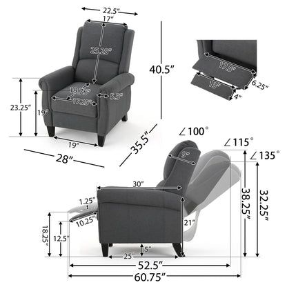 The Contemporary Push Back Recliner Chair in grey is displayed from multiple angles, showing detailed measurements for height, width, depth, armrests, seat, backrest, legs, and recline angles with arrows and inch dimensions.