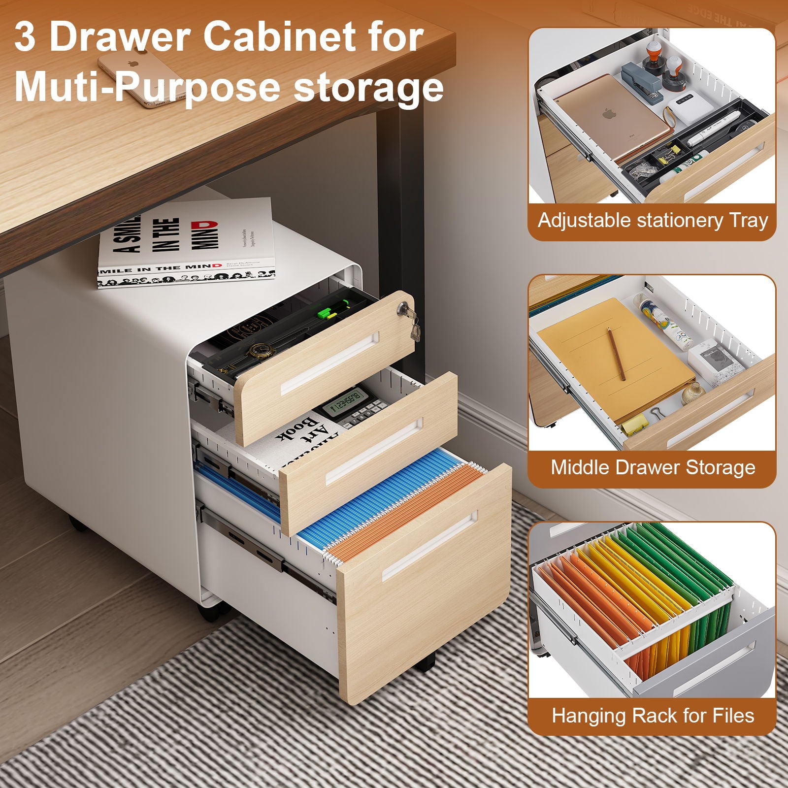The 3 Drawer Mobile File Cabinet fits under a desk and features an adjustable stationery tray, middle drawer for notebooks, and a bottom drawer with a hanging rack for legal, letter, or A4 files. Its 5-wheel design adds stability.