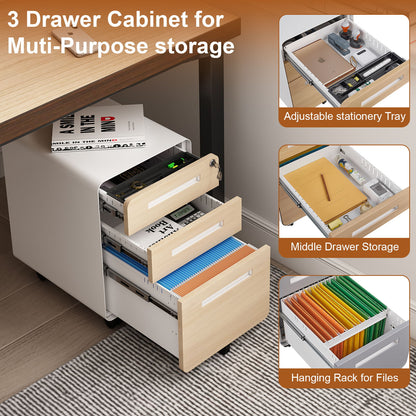 The 3 Drawer Mobile File Cabinet fits under a desk and features an adjustable stationery tray, middle drawer for notebooks, and a bottom drawer with a hanging rack for legal, letter, or A4 files. Its 5-wheel design adds stability.